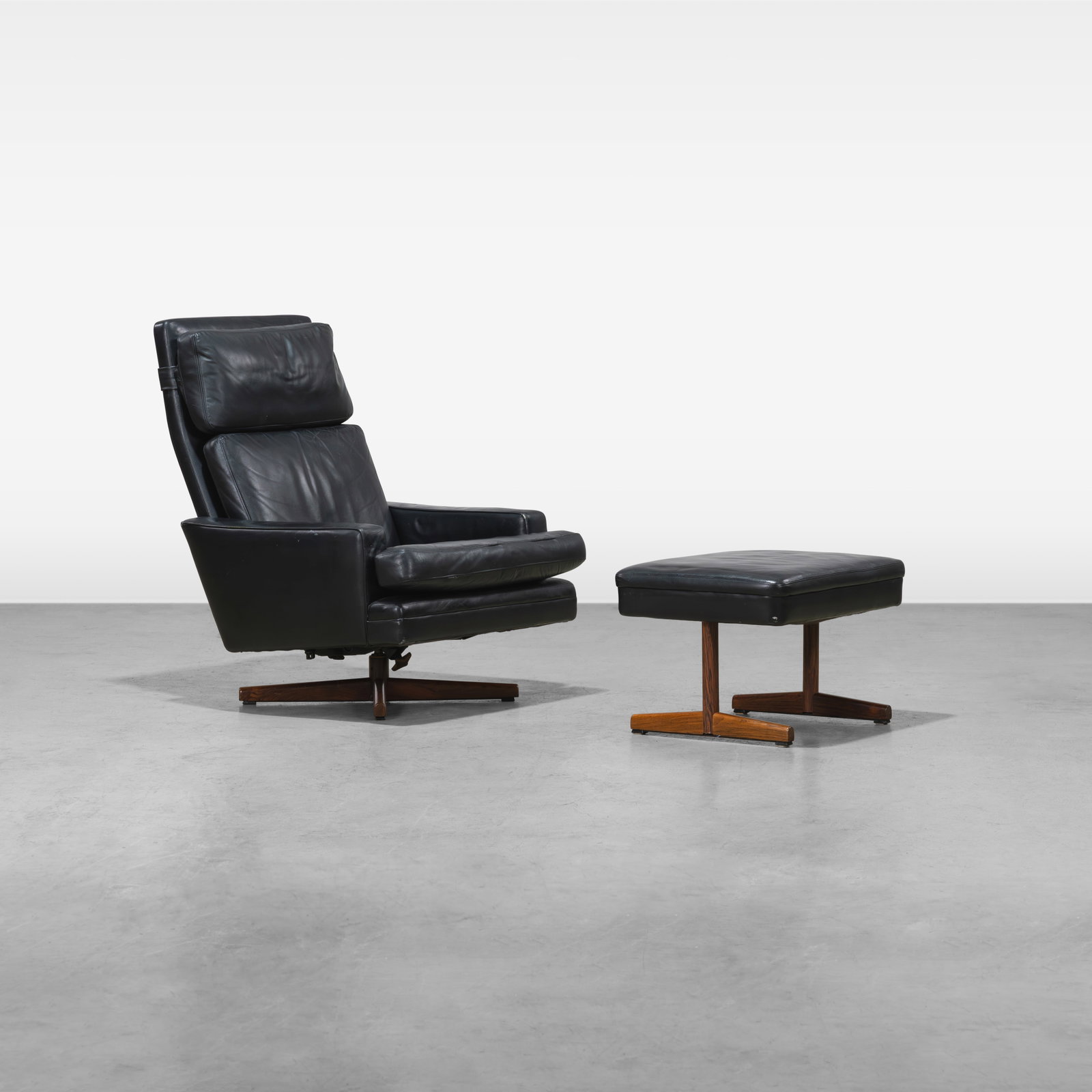 Fredrik Kayser - Lounge Chair & Ottoman: A rosewood and leather lounge chair and ottoman by Fredrik Kayser for Vatne Mobler, Norway. Dimensions listed are for the chair. Ottoman - 16.5 x 24 x 18.75. All measurements are in inches. Height x