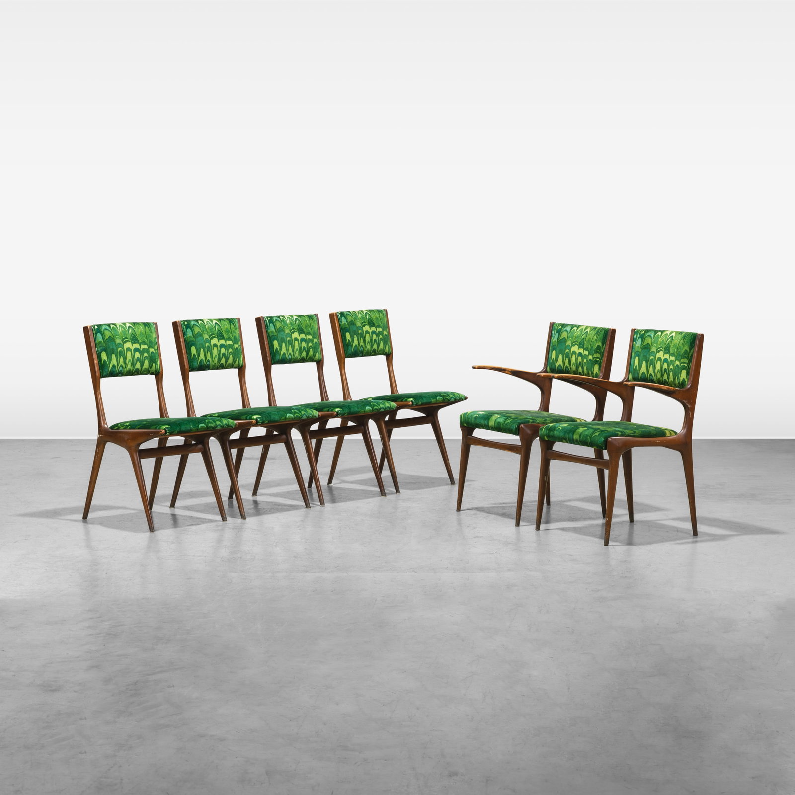 Carlo de Carli - Dining Chairs: A set of six Model 671 dining chairs in Jack Leonard Larsen by Carlo de Carli for Singer & Sons. Includes four side chairs and two arm chairs. Dimensions listed are for the armchair. All measurements