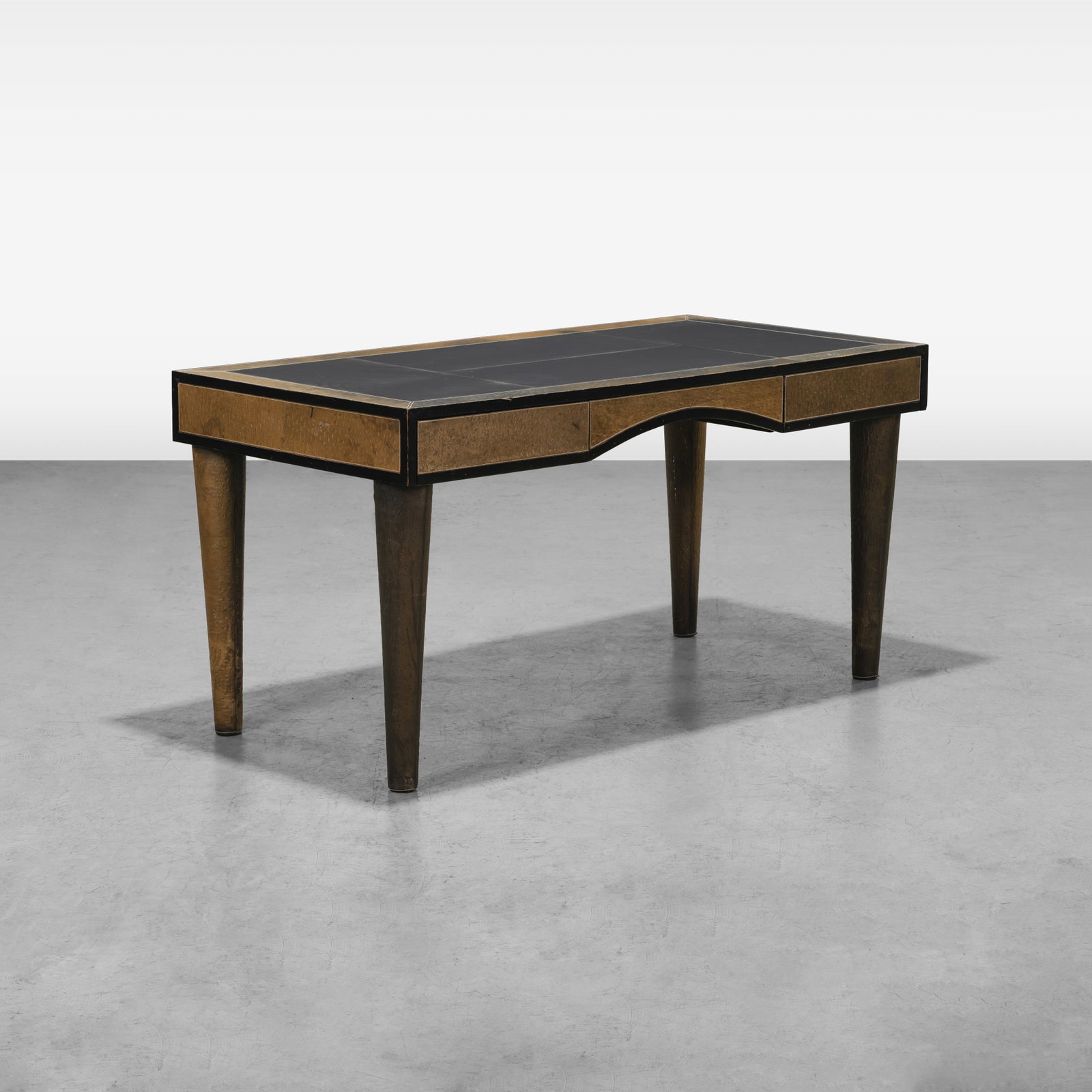 Maitland Smith (Attr.) - Writing Desk: A leather and faux ostrich writing desk attributed to Maitland Smith. All measurements are in inches. Height x Width x Depth
