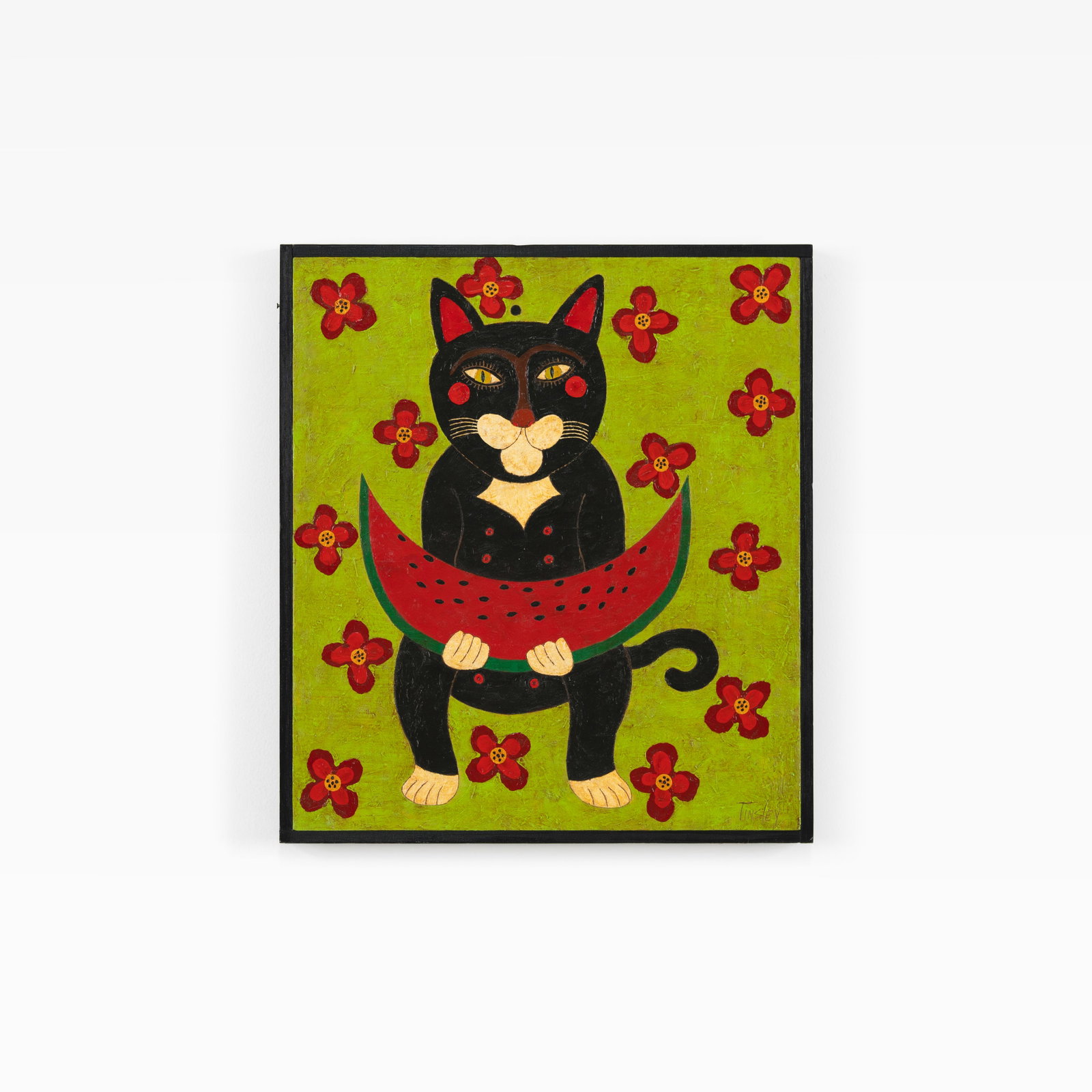 David Tinsley - Painting: An oil on board painting titled 'Cat with Watermelon' by David Tinsley. Signed and titled verso. All measurements are in inches. Height x Width x Depth