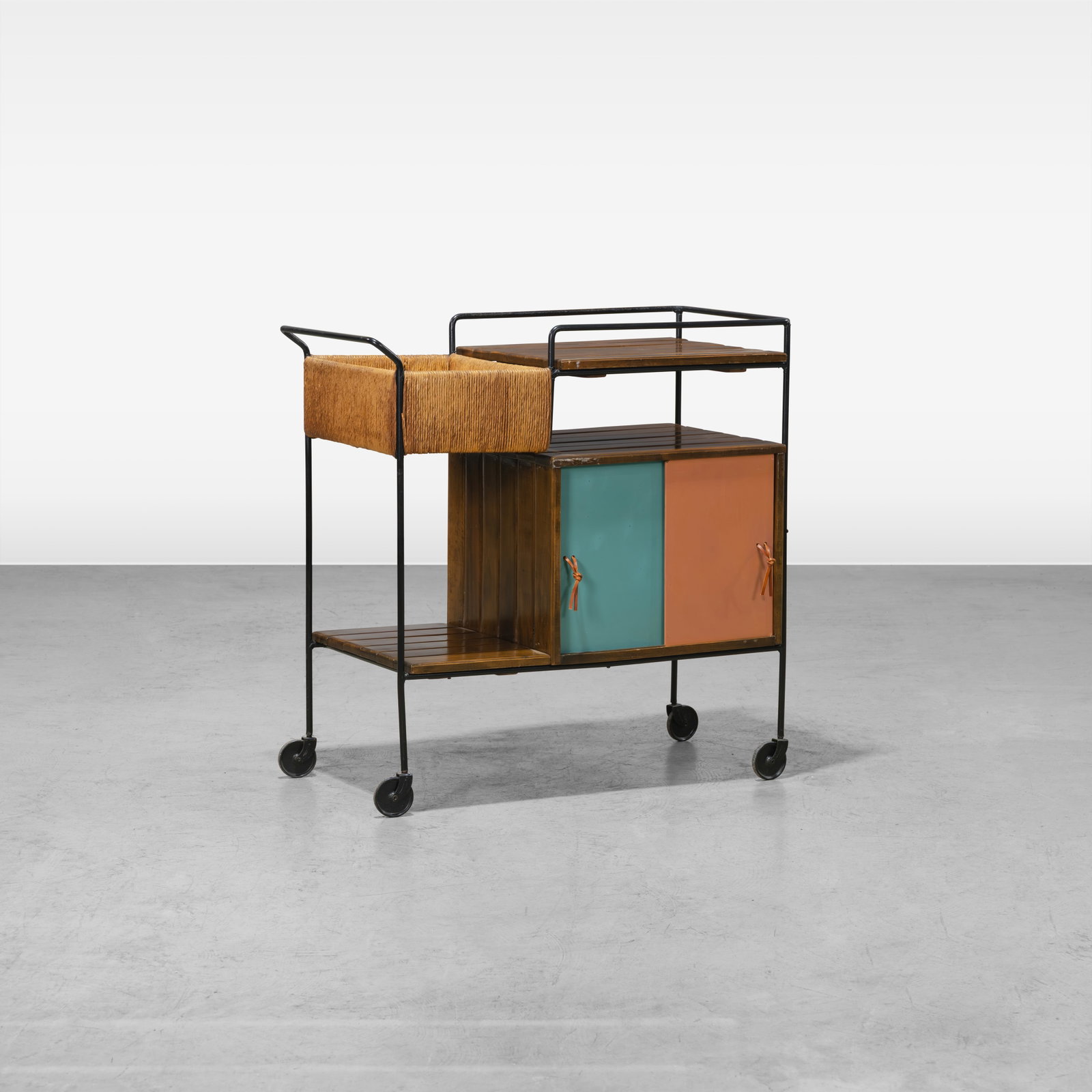 Arthur Umanoff - Bar Cart: A vintage bar cart with jute wrapped bin, wood slat shelves and steel frame. All measurements are in inches. Height x Width x Depth