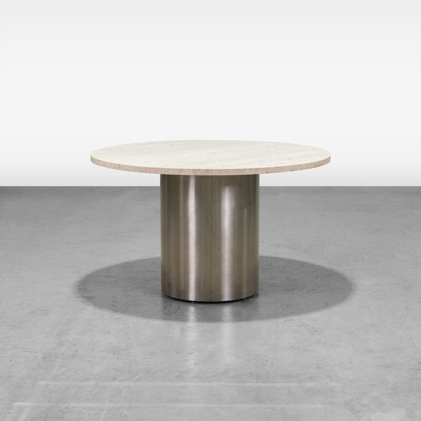 Brueton (Attr.) - Center Table: A stainless steel and travertine center table attributed to Brueton. All measurements are in inches. Height x Width x Depth