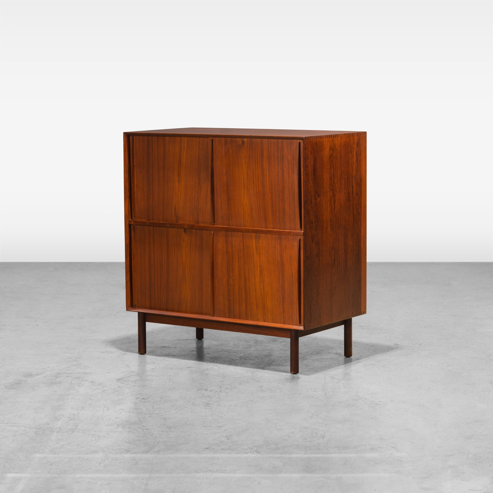 Peter Hvidt - Cabinet: A teak cabinet with tambour doors by Peter Hvidt. All measurements are in inches. Height x Width x Depth