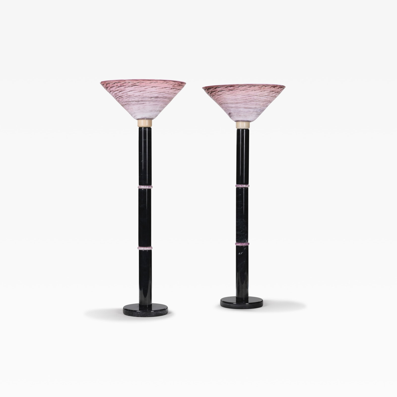 Postmodern Torchiere Lamps: A pair of stone and glass postmodern torchiere lamps. Signed 'Alan Light '88' on a shade. All measurements are in inches. Height x Width x Depth