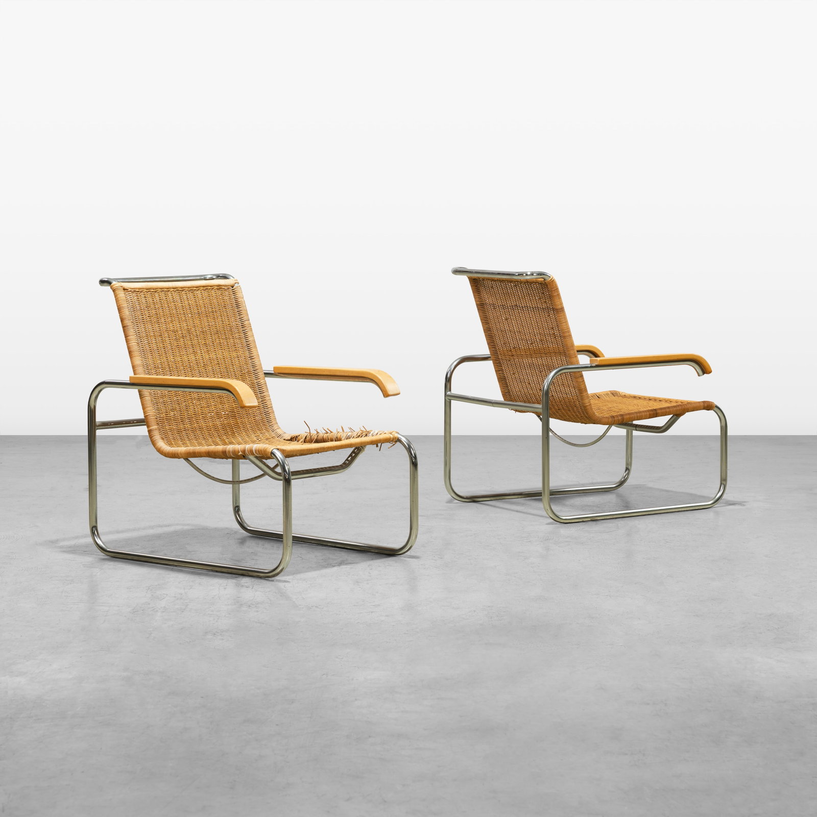 Marcel Breuer - Lounge Chairs: A pair of 'B35' lounge chairs by Marcel Breuer for ICF, Western Germany. Do not retain any original labels. All measurements are in inches. Height x Width x Depth