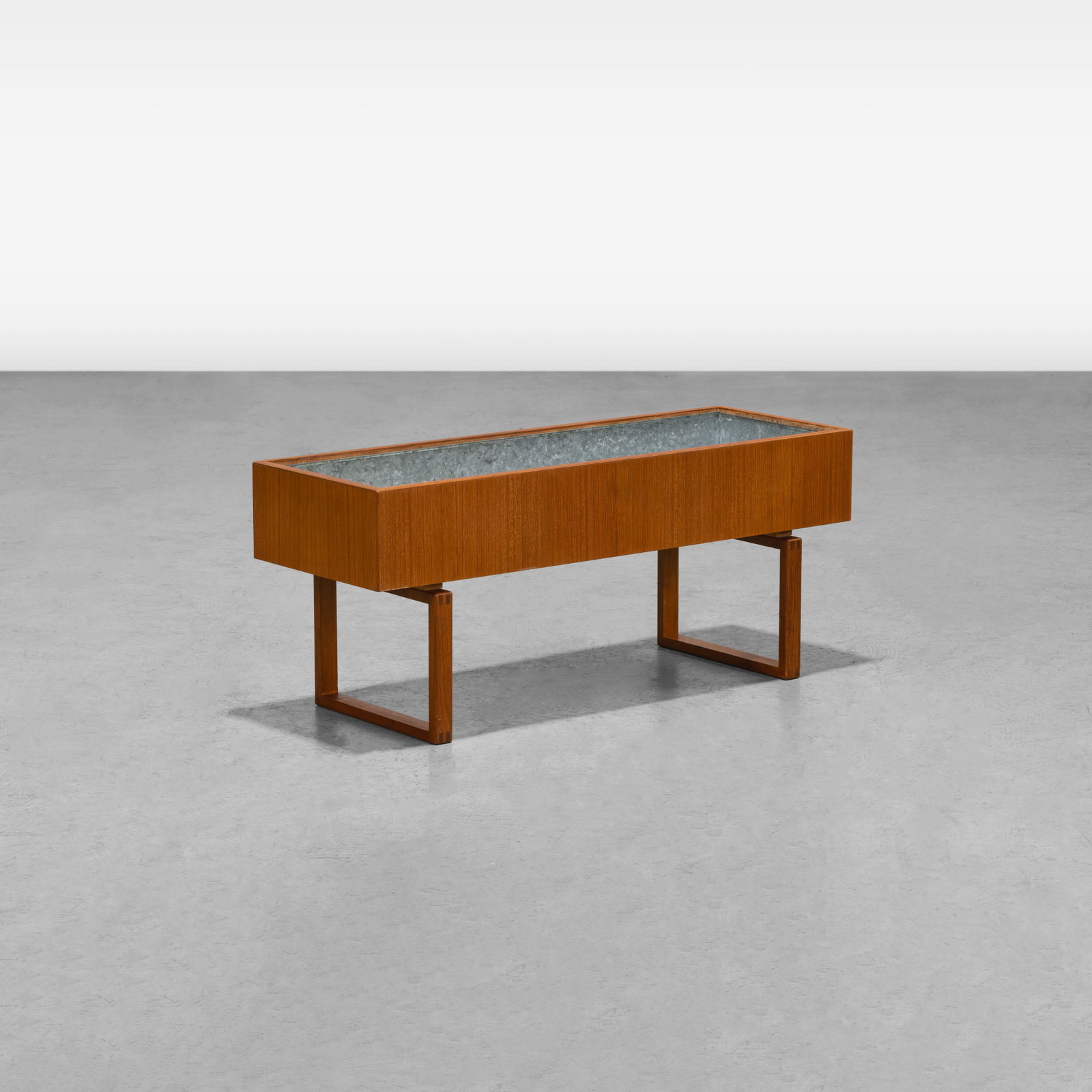 Danish Teak Planter Box: A Danish teak planter box with metal insert. All measurements are in inches. Height x Width x Depth