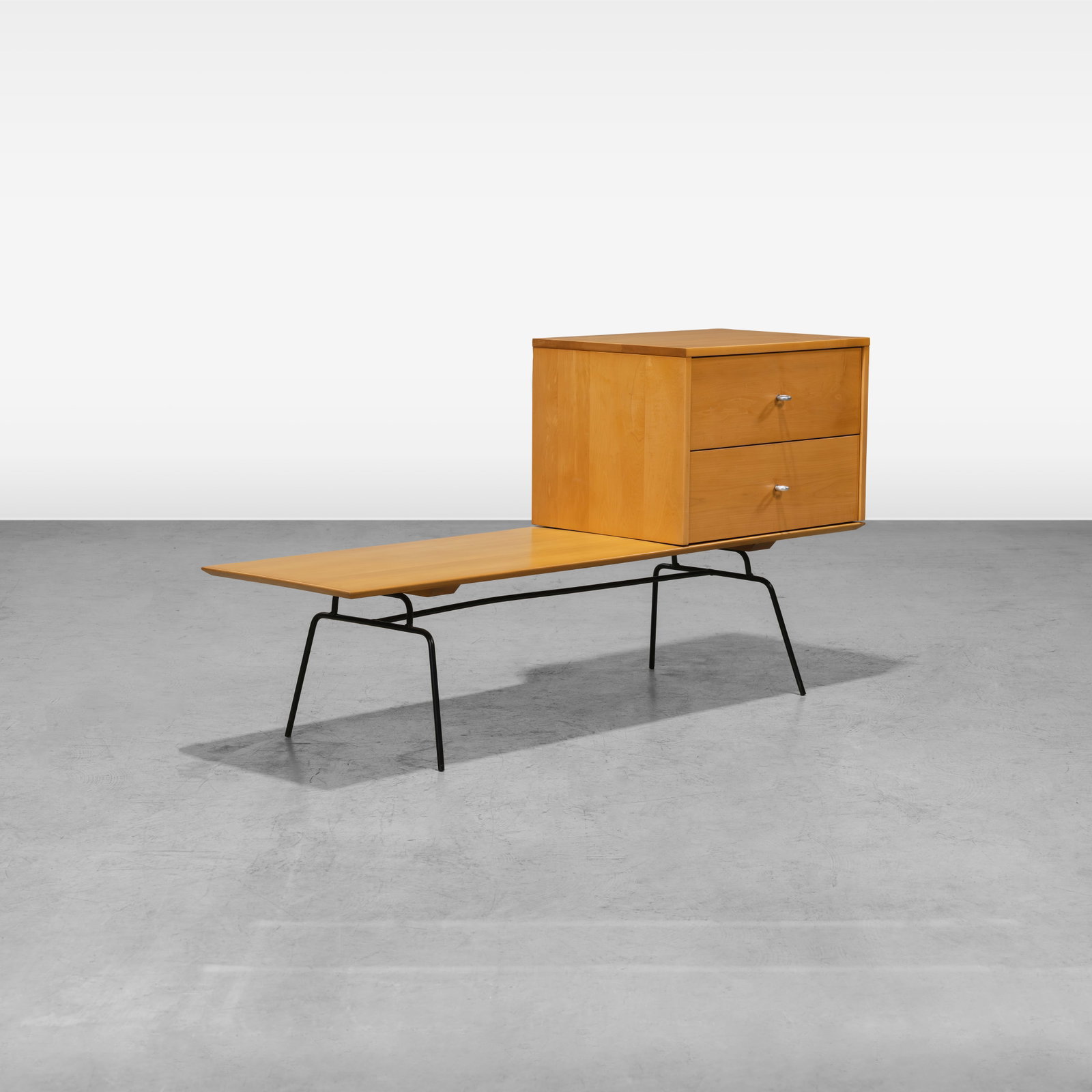 Paul McCobb - Chest & Bench: A wrought iron and maple Planner Group chest and bench by Paul McCobb. Cabinet has two drawers. All measurements are in inches. Height x Width x Depth