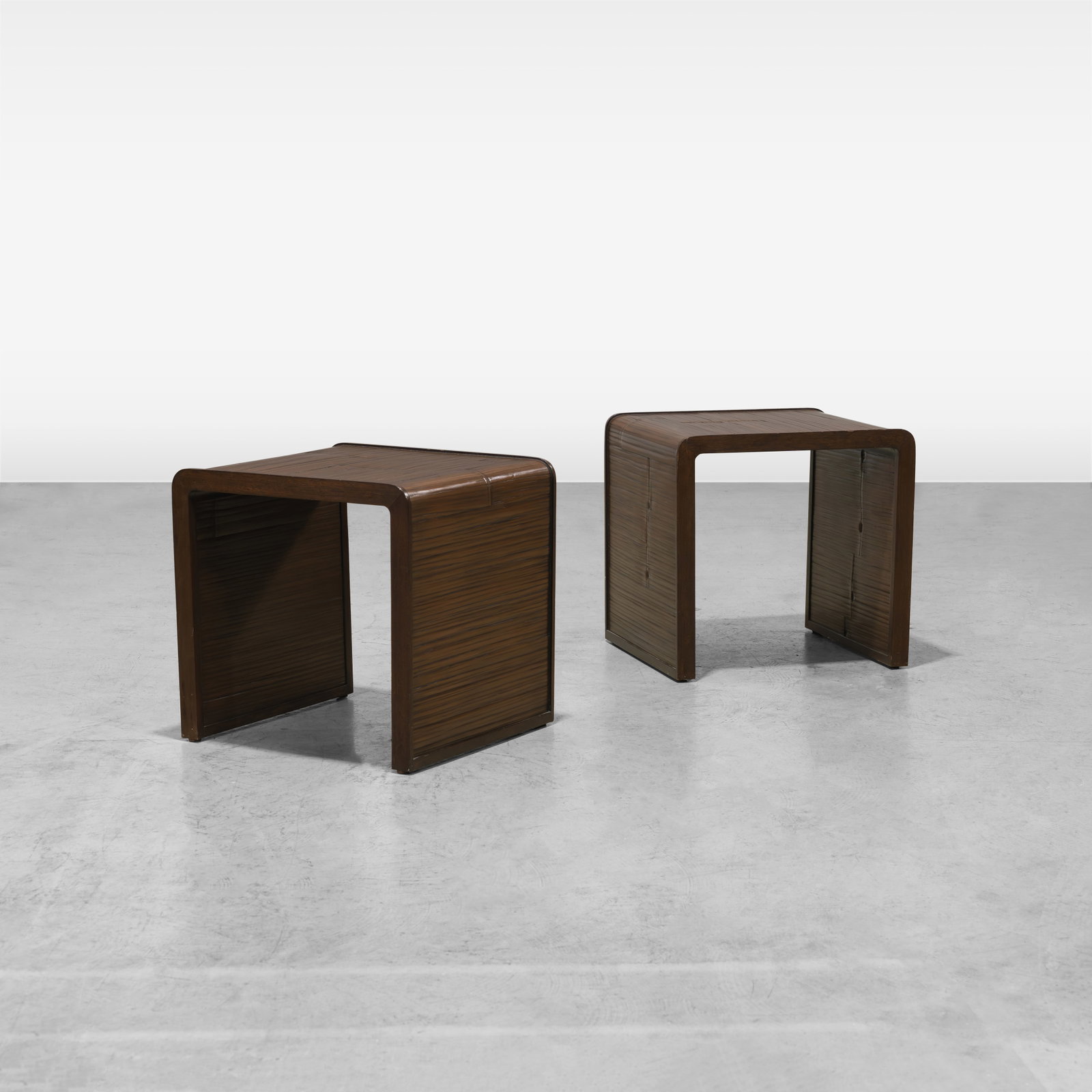 McGuire - Side Tables: A pair of split bamboo waterfall side tables by McGuire. All measurements are in inches. Height x Width x Depth