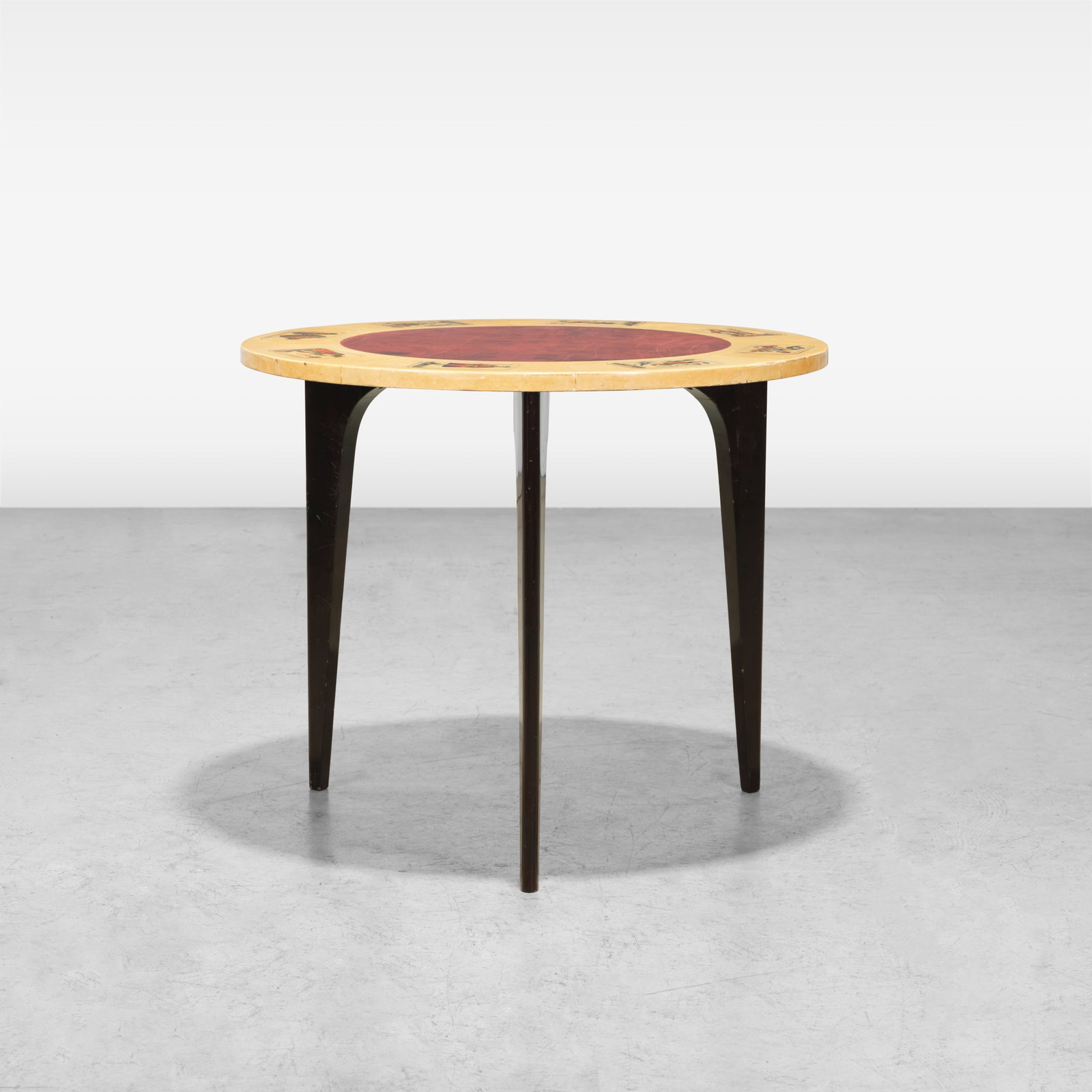 Aldo Tura - Game Table: A lacquered goatskin game table by Aldo Tura. All measurements are in inches. Height x Width x Depth