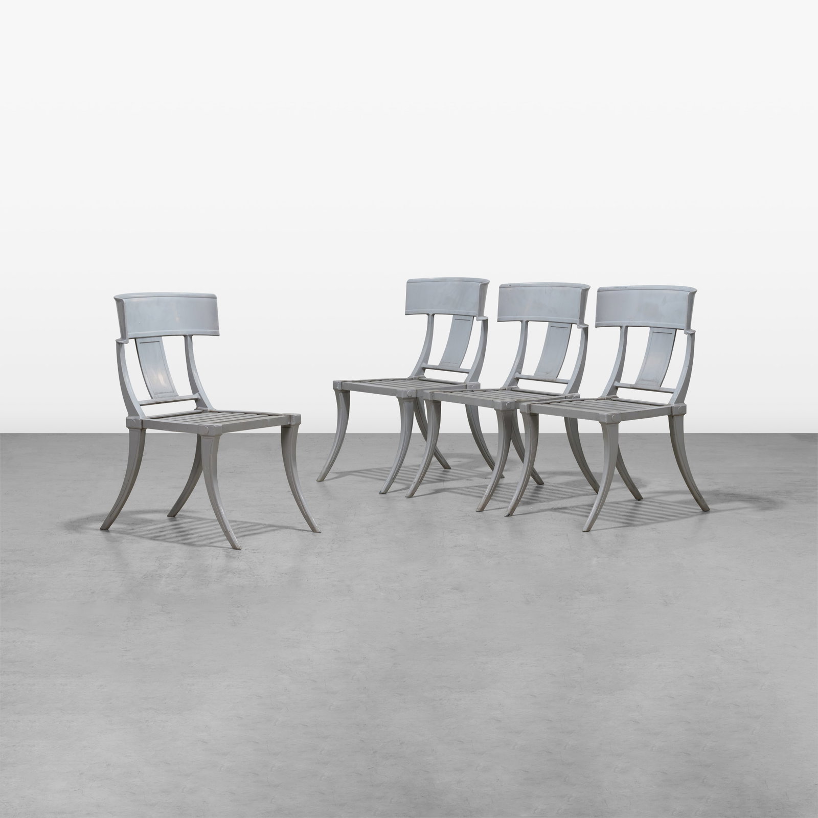 Klismos Patio Chairs: A set of four aluminum 'Klismos' patio chairs for Restoration Hardware. All measurements are in inches. Height x Width x Depth