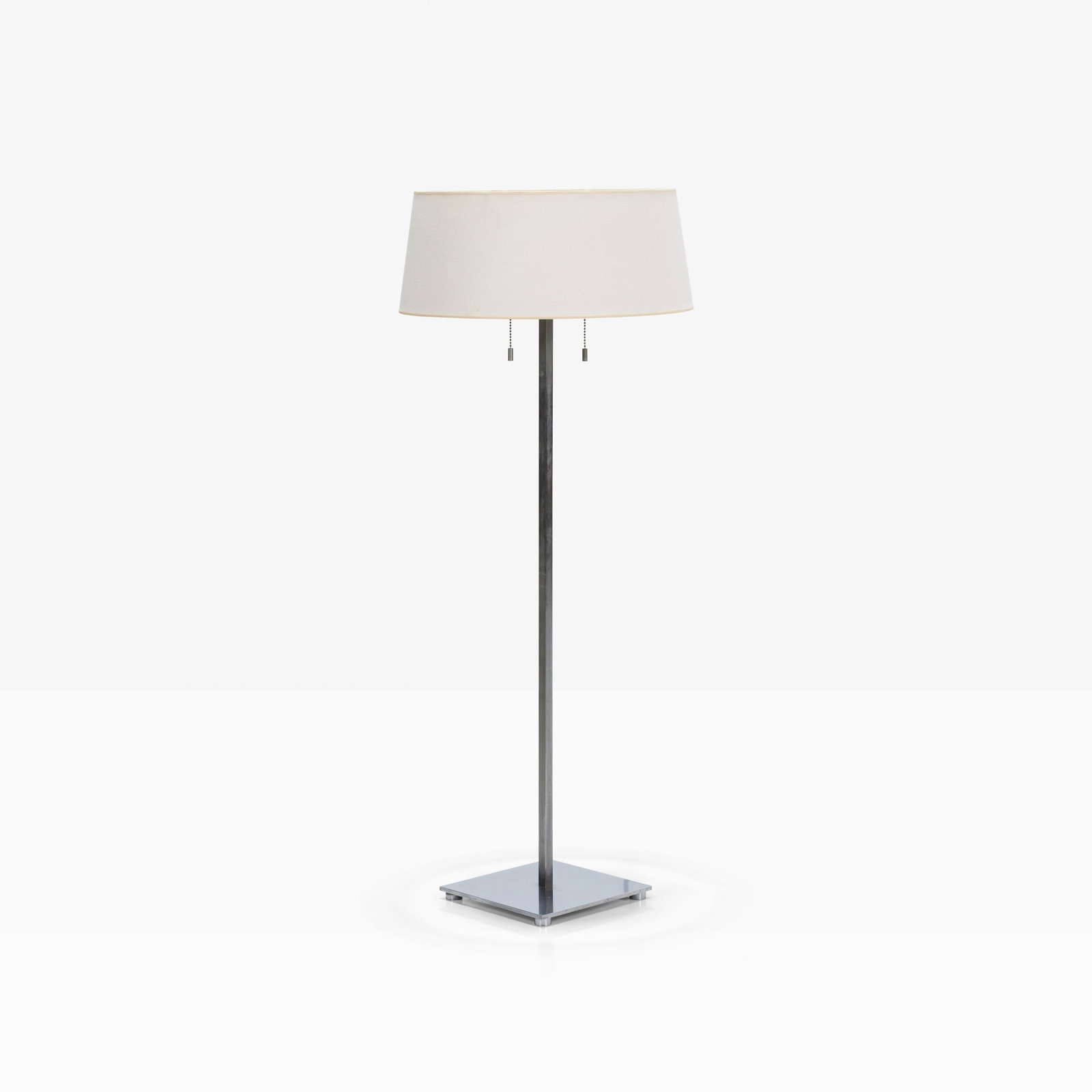 Stewart Ross James - Floor Lamp: A brushed stainless steel floor lamp by Stewart Ross James for Hansen Lighting. New shade. All measurements are in inches. Height x Width x Depth