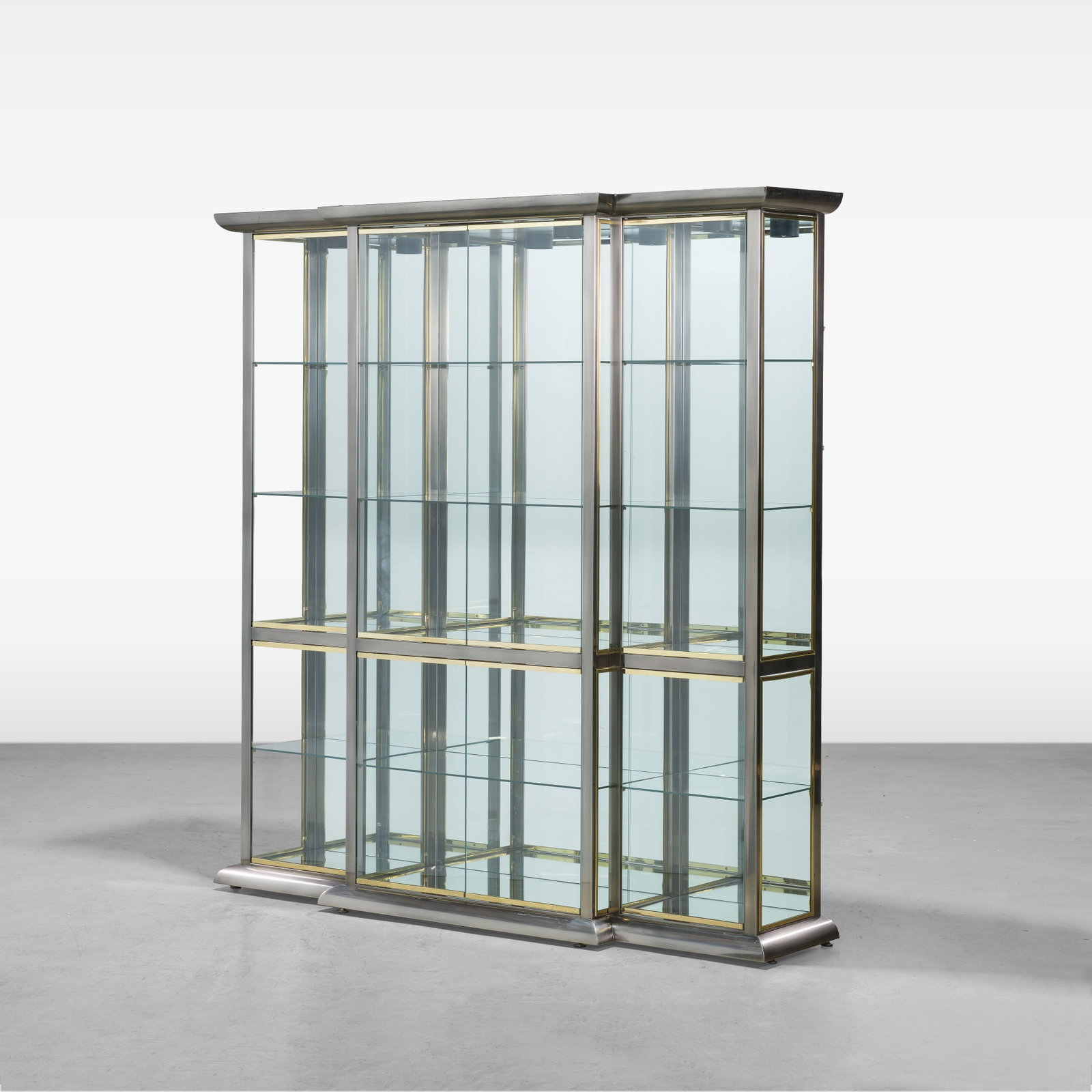 DIA - Display Cabinet: A glass display cabinet by DIA with mirrored back and lighted interior. All measurements are in inches. Height x Width x Depth