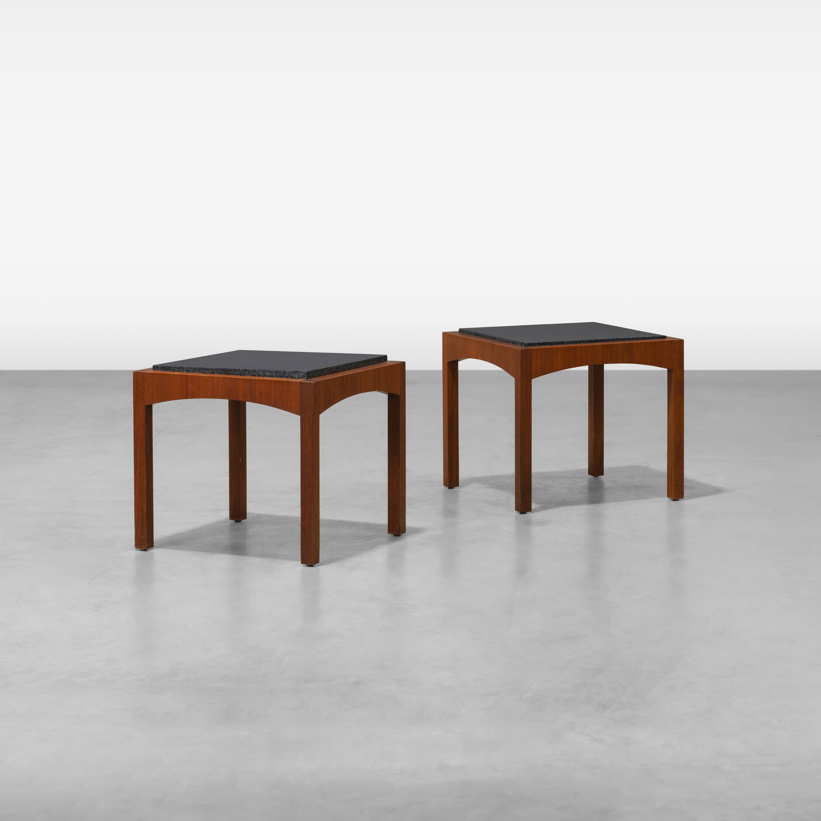 Teak & Granite Side Tables: A pair of teak and granite side tables. All measurements are in inches. Height x Width x Depth