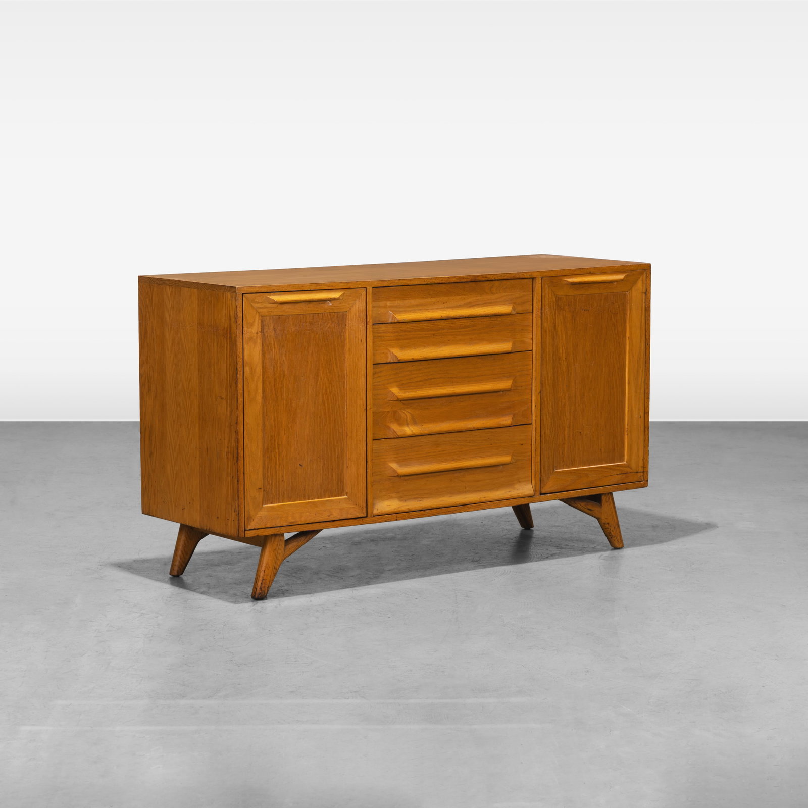 Jack van der Molen - Credenza: An oak credenza by Jack van der Molen. Doors contain adjustable shelves. All measurements are in inches. Height x Width x Depth