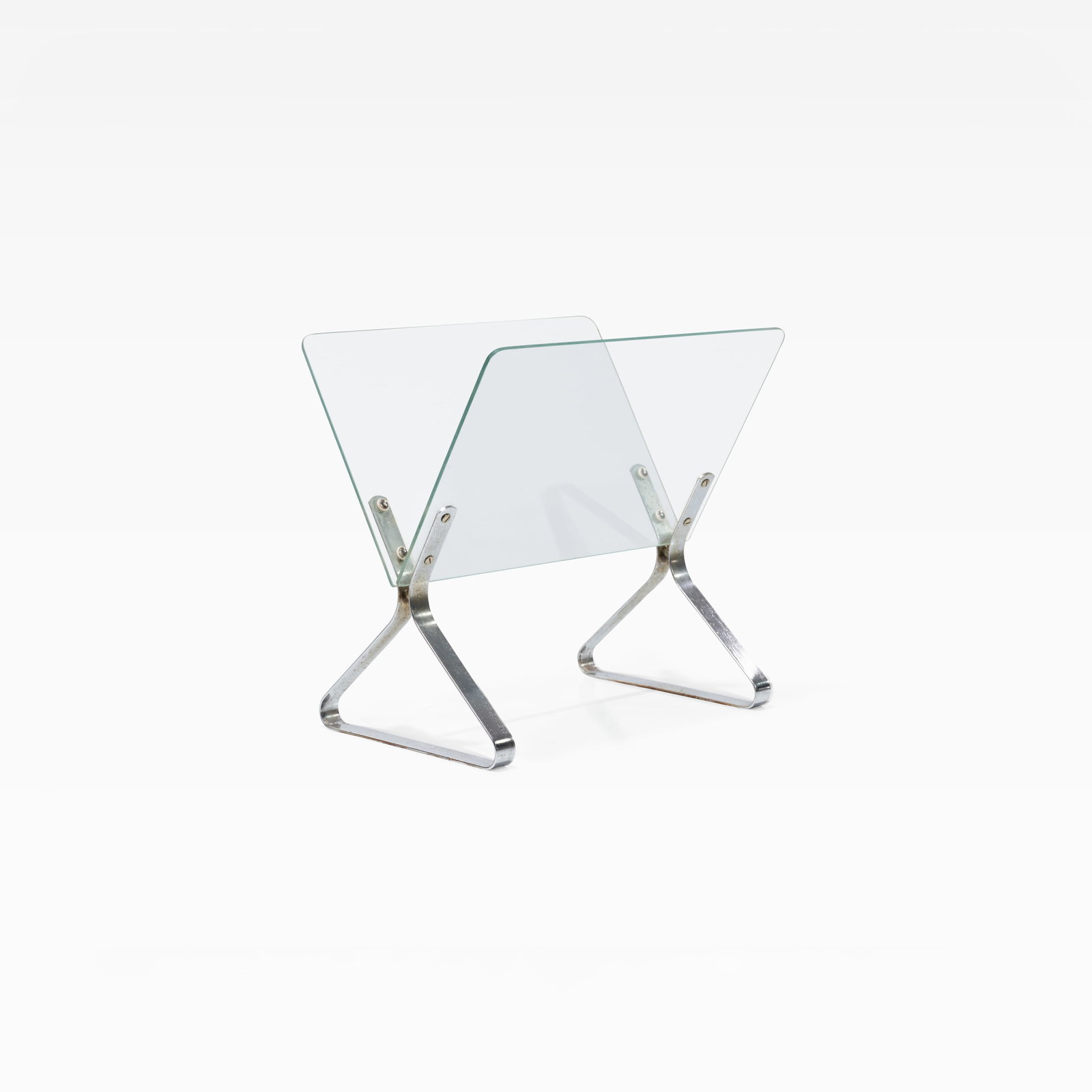 Magazine Stand: A vintage glass and chrome magazine rack. All measurements are in inches. Height x Width x Depth
