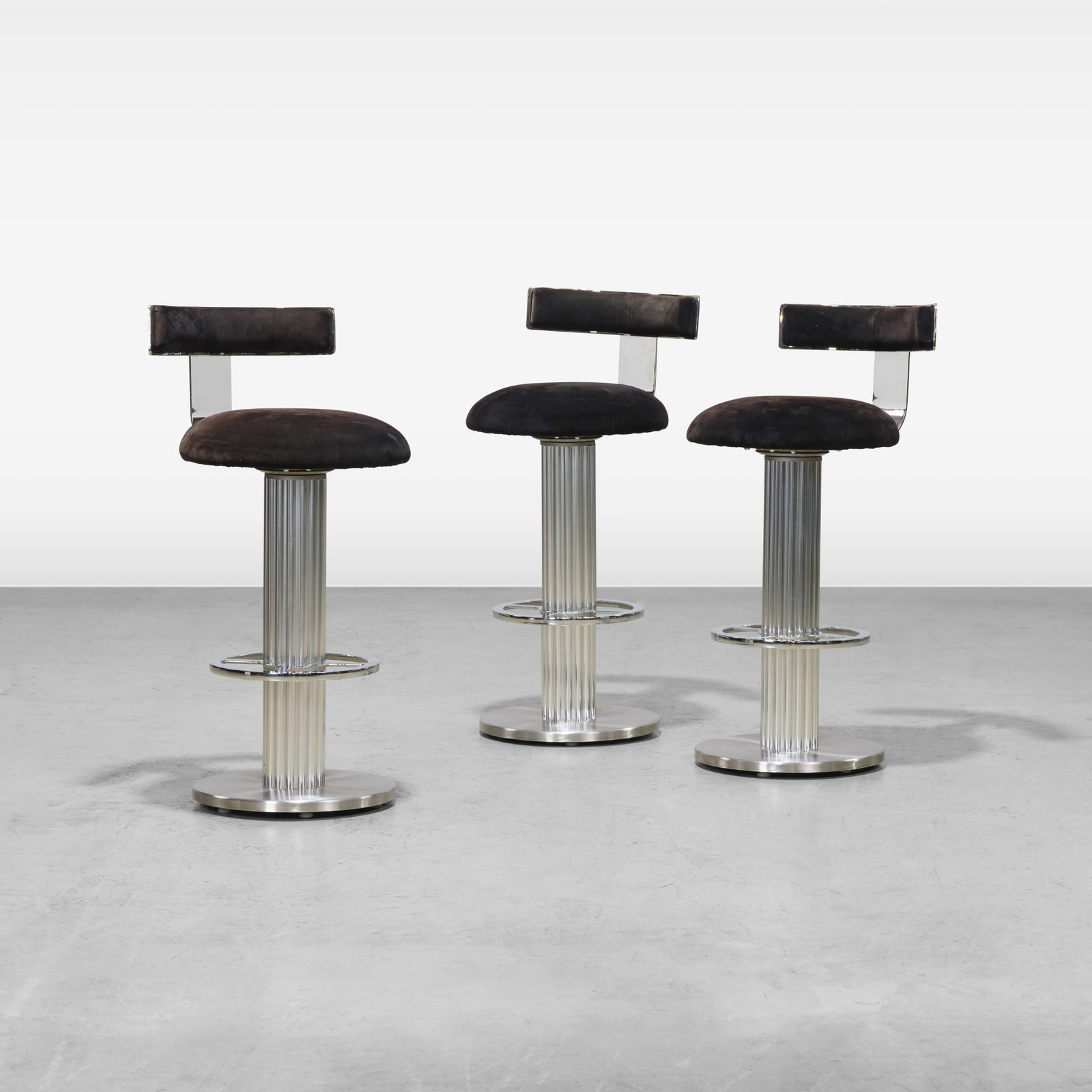 Design for Leisure - Bar Stools: A set of three bar stools by Design for Leisure. All measurements are in inches. Height x Width x Depth