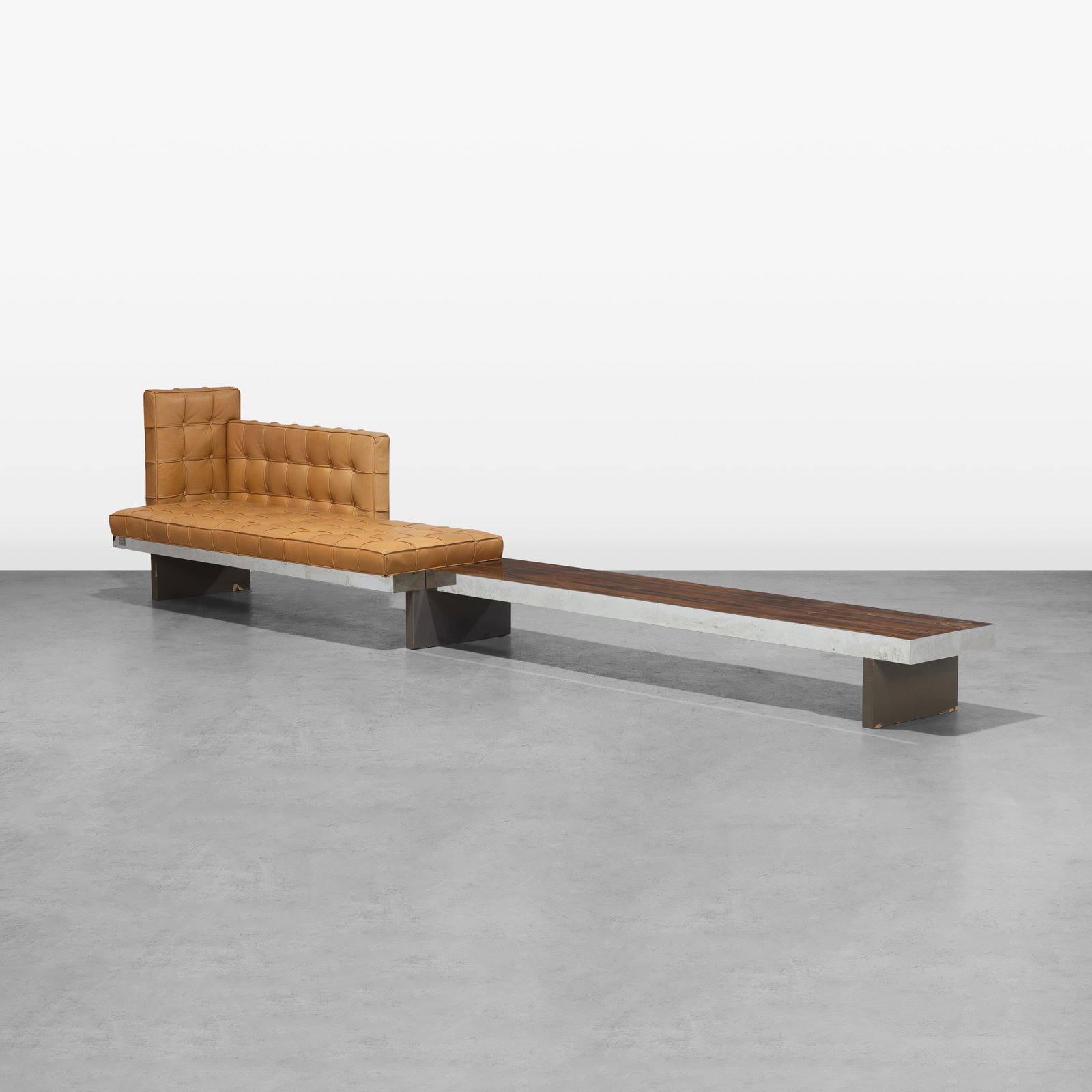 Philippe Starck - Bench: A two-part rosewood and chrome bench by Philippe Starck, produced by Cassina, Italy, for the SLS Hotel in Beverly Hills, California. All measurements are in inches. Height x Width x Depth
