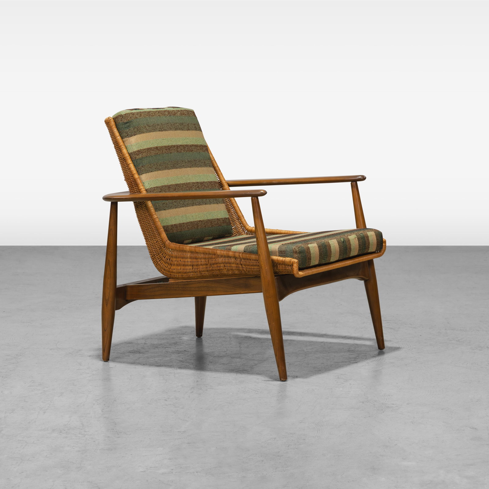 Lawrence Peabody - Lounge Chair: A vintage lounge chair with wicker seat by Lawrence Peabody for Richardson Nemschoff. All measurements are in inches. Height x Width x Depth