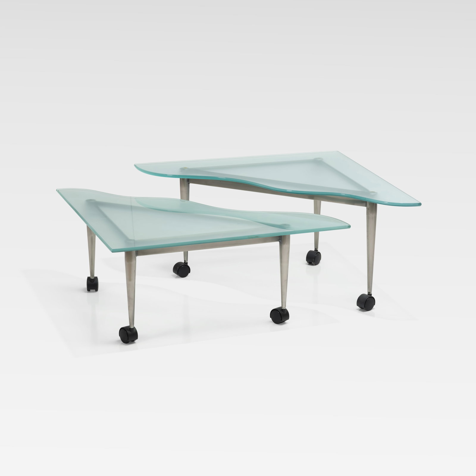 Elaine Cohen - Table Group: An etched glass and steel post modern table group by Elaine Cohen for DIA. Dimensions listed are for the larger of the two tables. All measurements are in inches. Height x Width x Depth