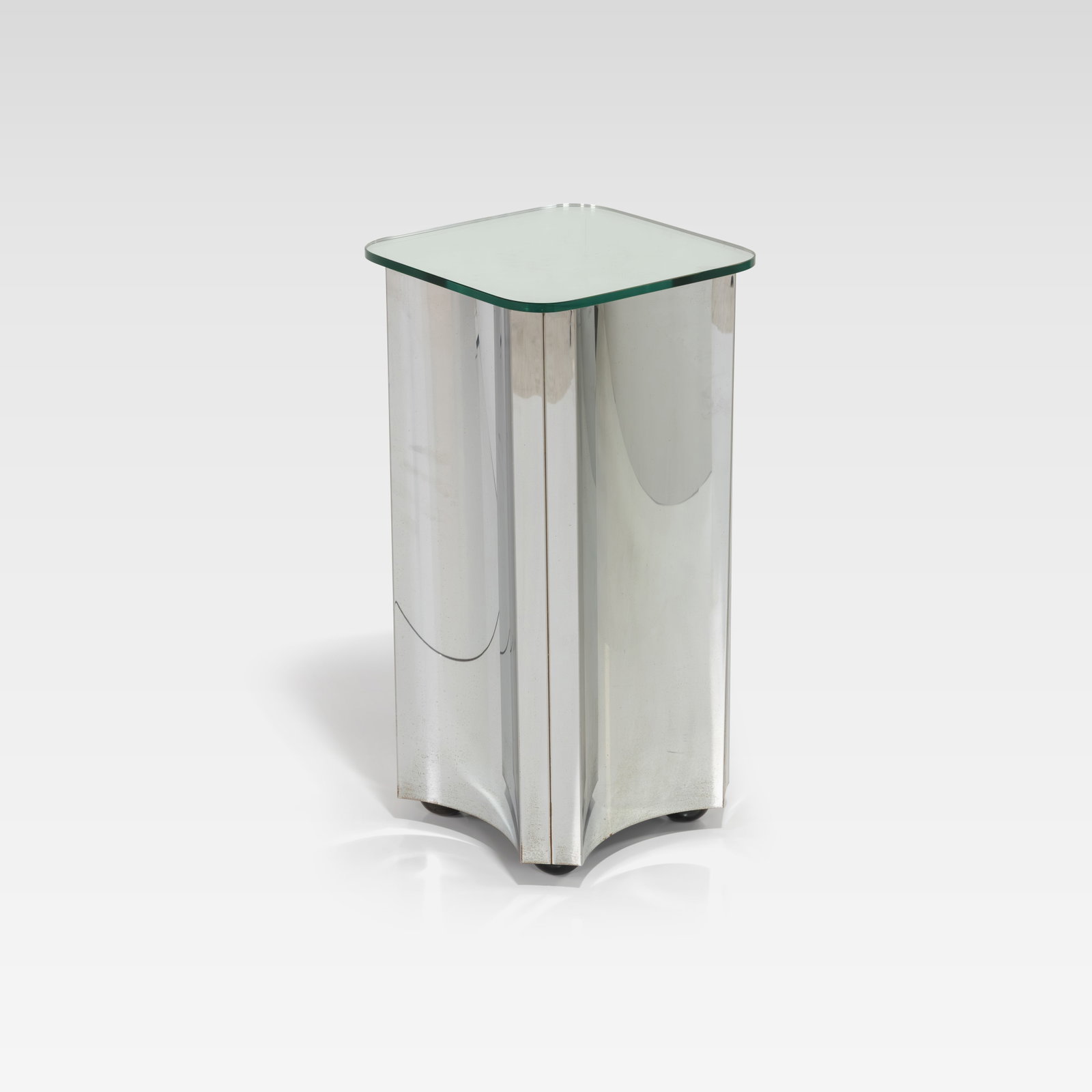 Curtis Jere - Pedestal Table: A vintage chrome and glass pedestal by Curtis Jere. All measurements are in inches. Height x Width x Depth