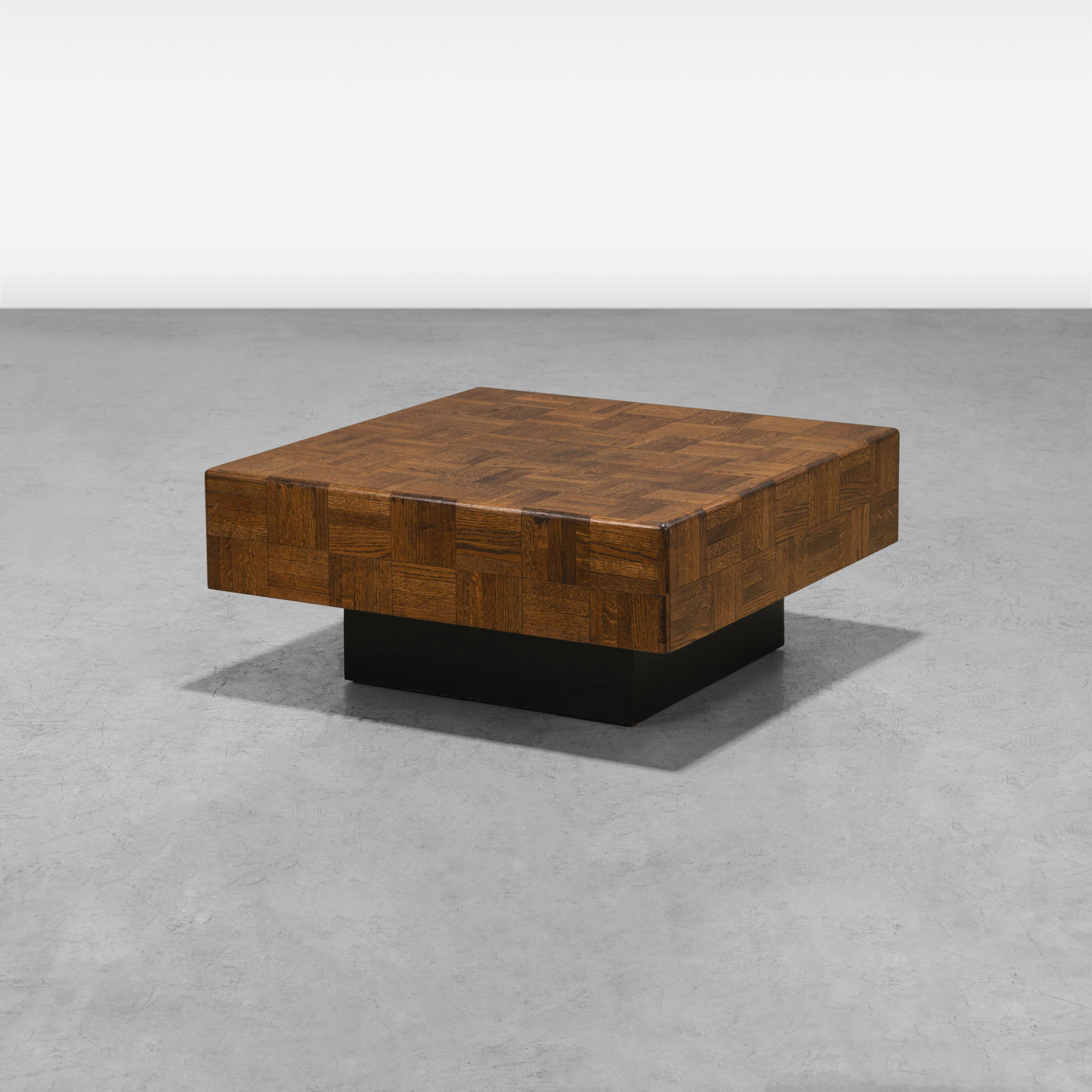 Parquet Coffee Table: A vintage 'Parquet' coffee table on pedestal base. All measurements are in inches. Height x Width x Depth