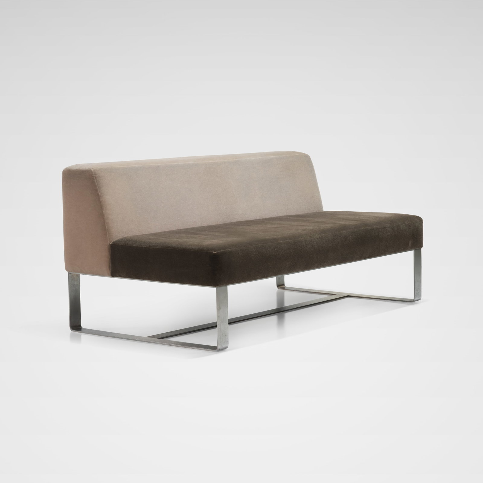 Custom Bench: A custom mohair and steel bench. All measurements are in inches. Height x Width x Depth