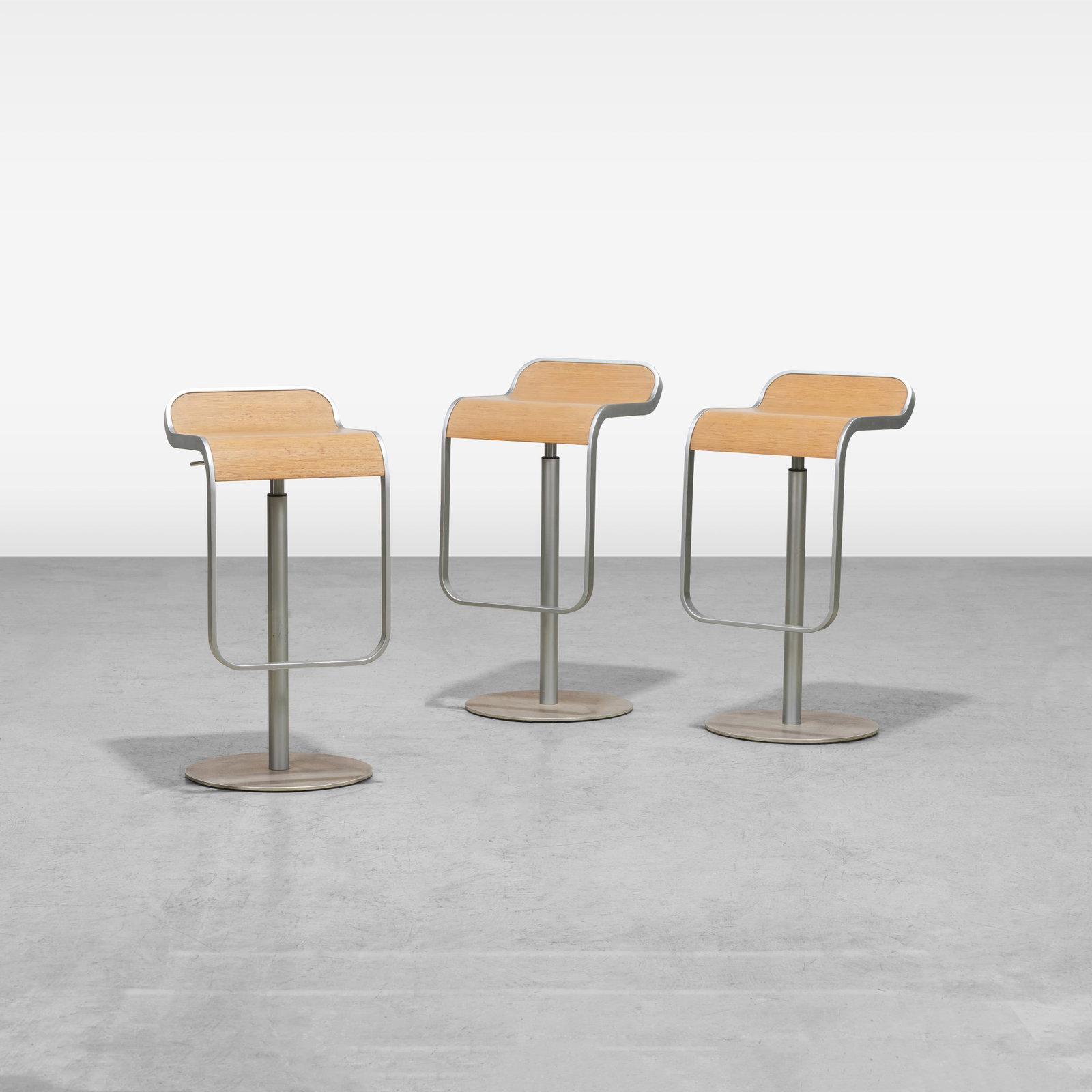 Shin & Tomoko Azumi - Bar Stools: A set of three LEM S83 bar stools by Shin and Tomoko Azumi for Lapalma, Italy. Seat height at the lowest setting is 26.75", at the highest it is 31". All measurements are in inches. Height x Width x D