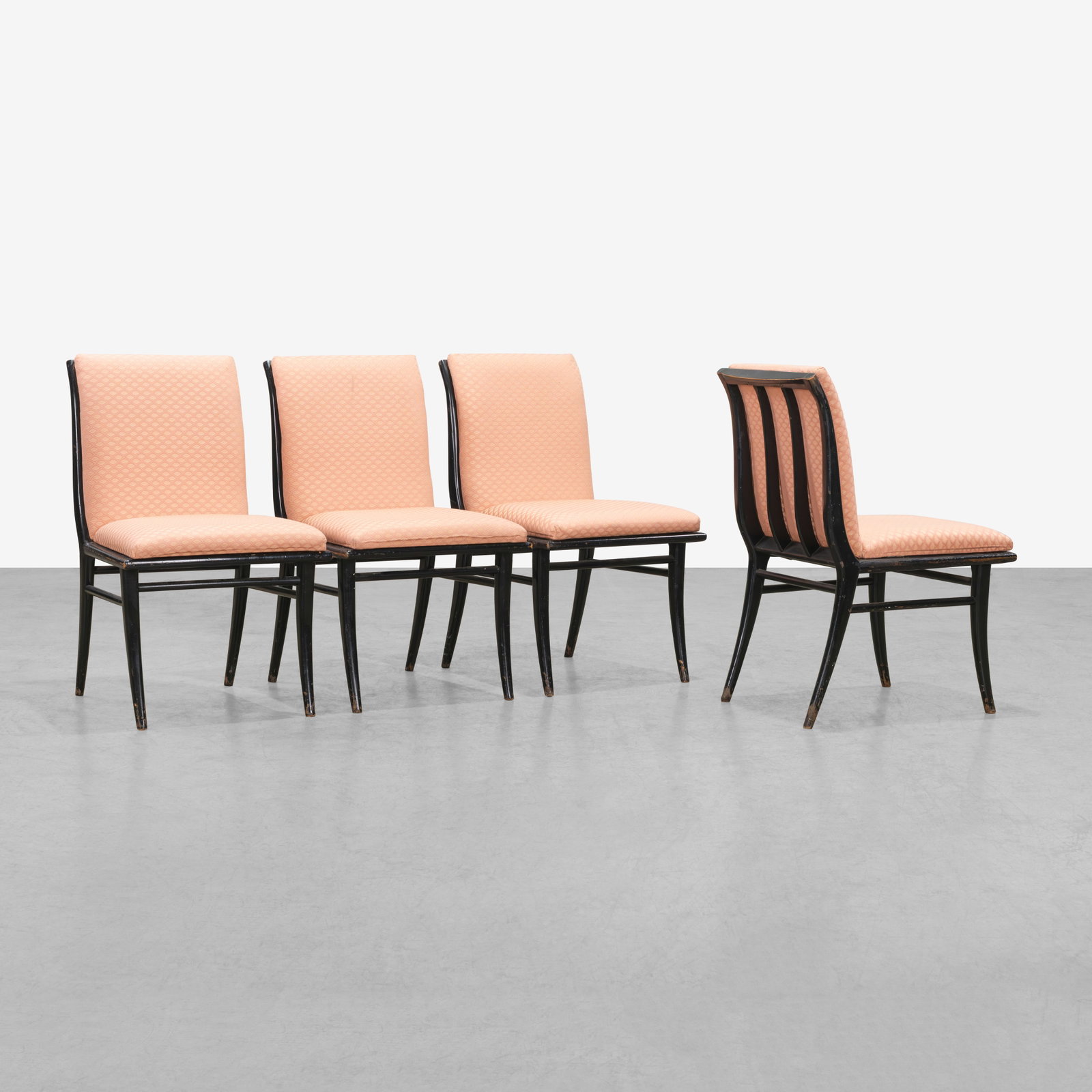 T. H. Robsjohn-Gibbings - Dining Chairs: A set of four dining chairs by T. H. Robsjohn-Gibbings. All measurements are in inches. Height x Width x Depth