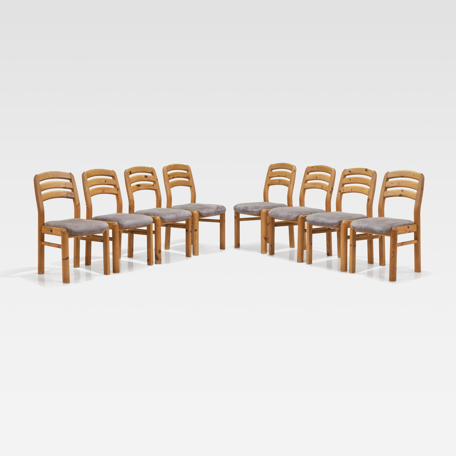 Scandinavian Pine Dining Chairs: A set of eight pine and suede dining chairs. All measurements are in inches. Height x Width x Depth
