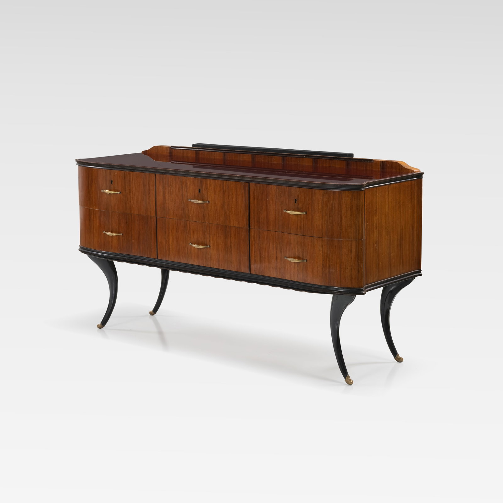 Deco Style Sideboard: Am vintage Deco style sideboard with ruby glass top. center of backslash has an added black board on top. All measurements are in inches. Height x Width x Depth