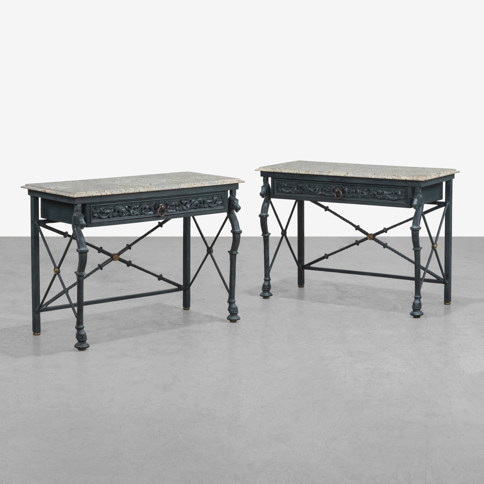 Iron Horse Console Tables: A pair of iron and granite console tables with horse head legs, in the manner of Maitland Smith. All measurements are in inches. Height x Width x Depth