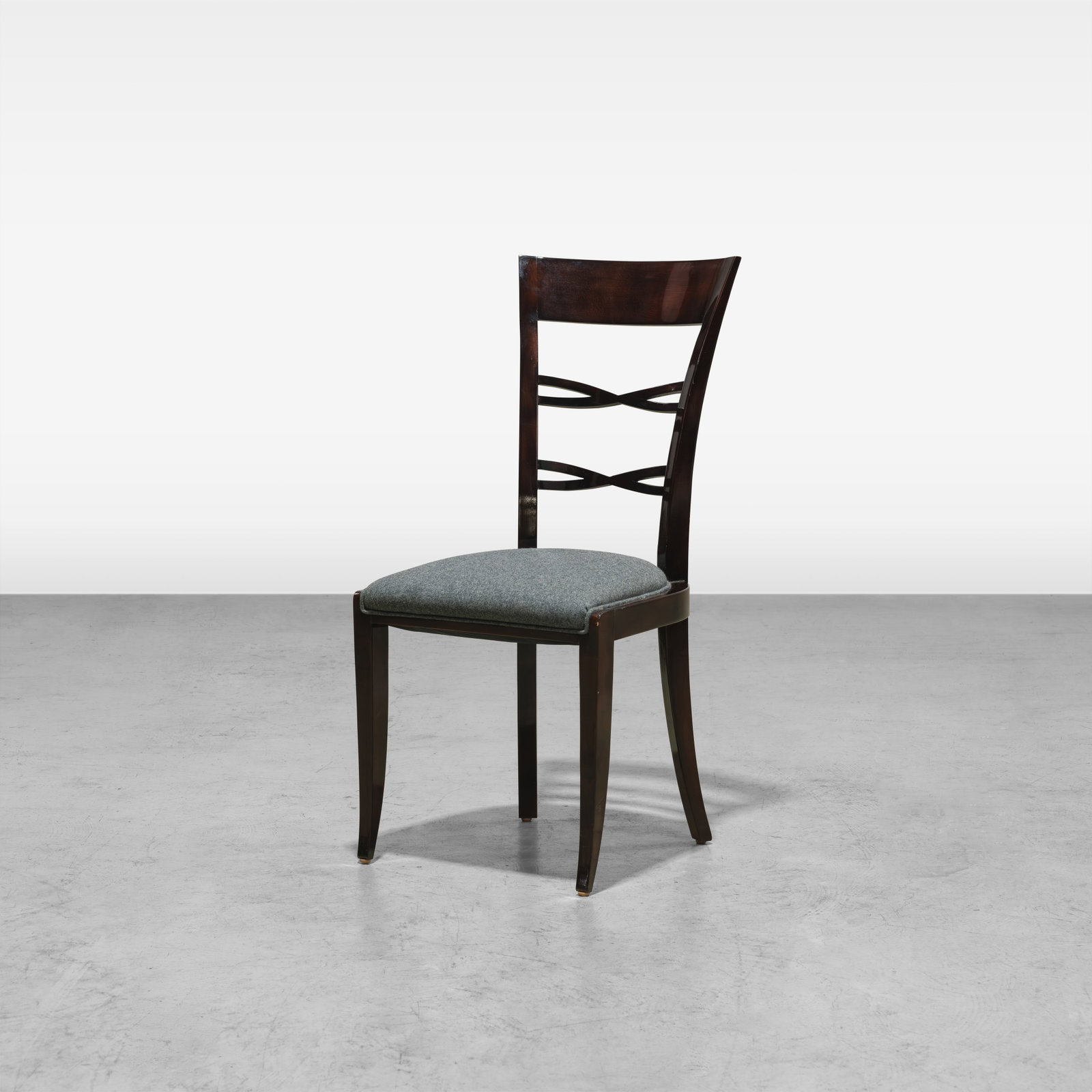 Italian Lacquered Dining Chair: A single Italian lacquered dining chair with a wool seat. All measurements are in inches. Height x Width x Depth