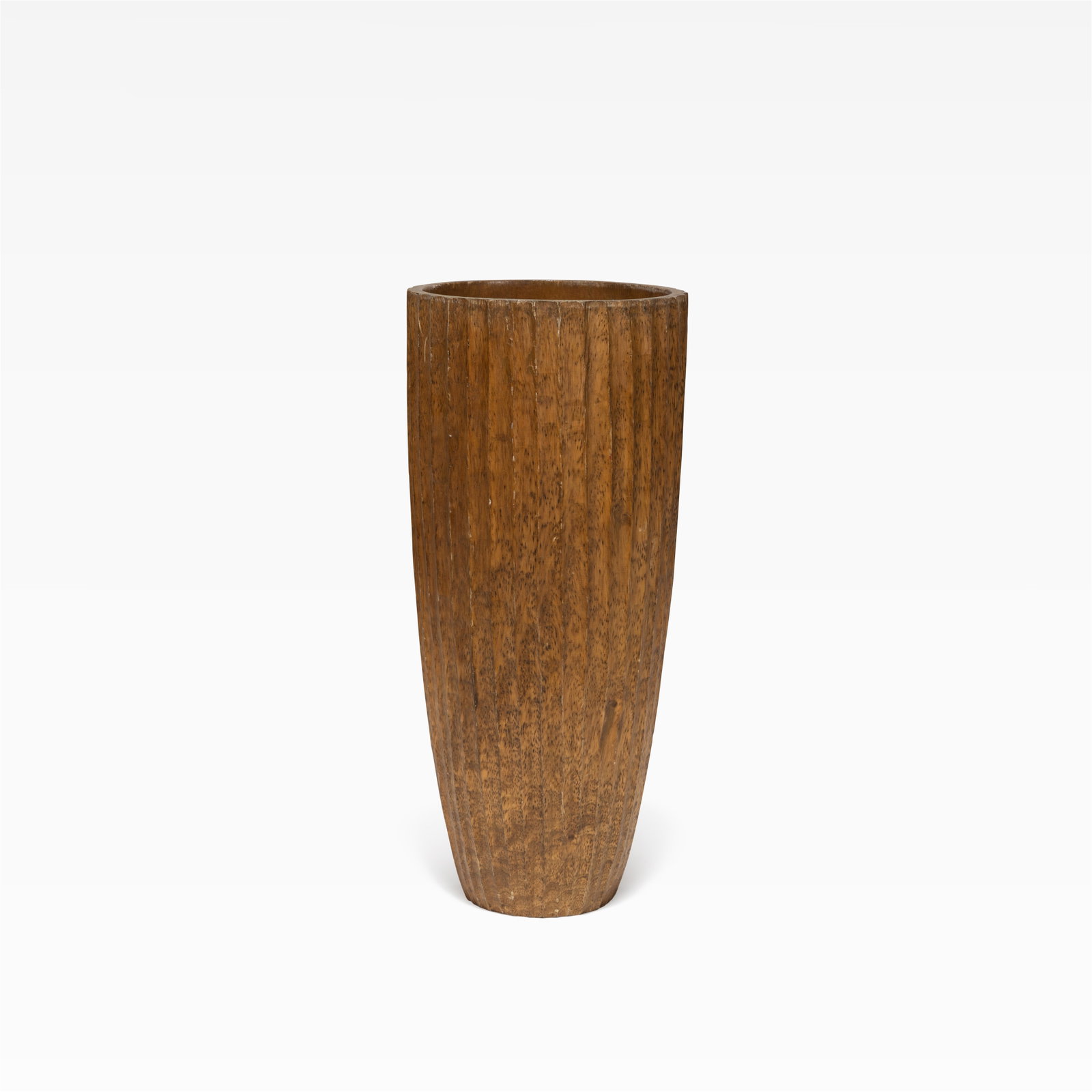 Fluted Wooden Vase: A tall fluted wooden vase. All measurements are in inches. Height x Width x Depth