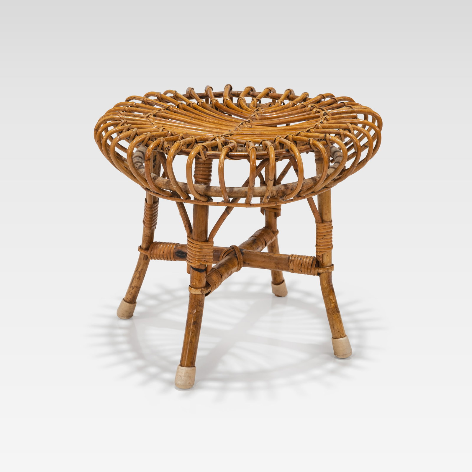 Franco Albini (Attr.) - Rattan Stool: An Italian rattan stool, attributed to Franco Albini. All measurements are in inches. Height x Width x Depth