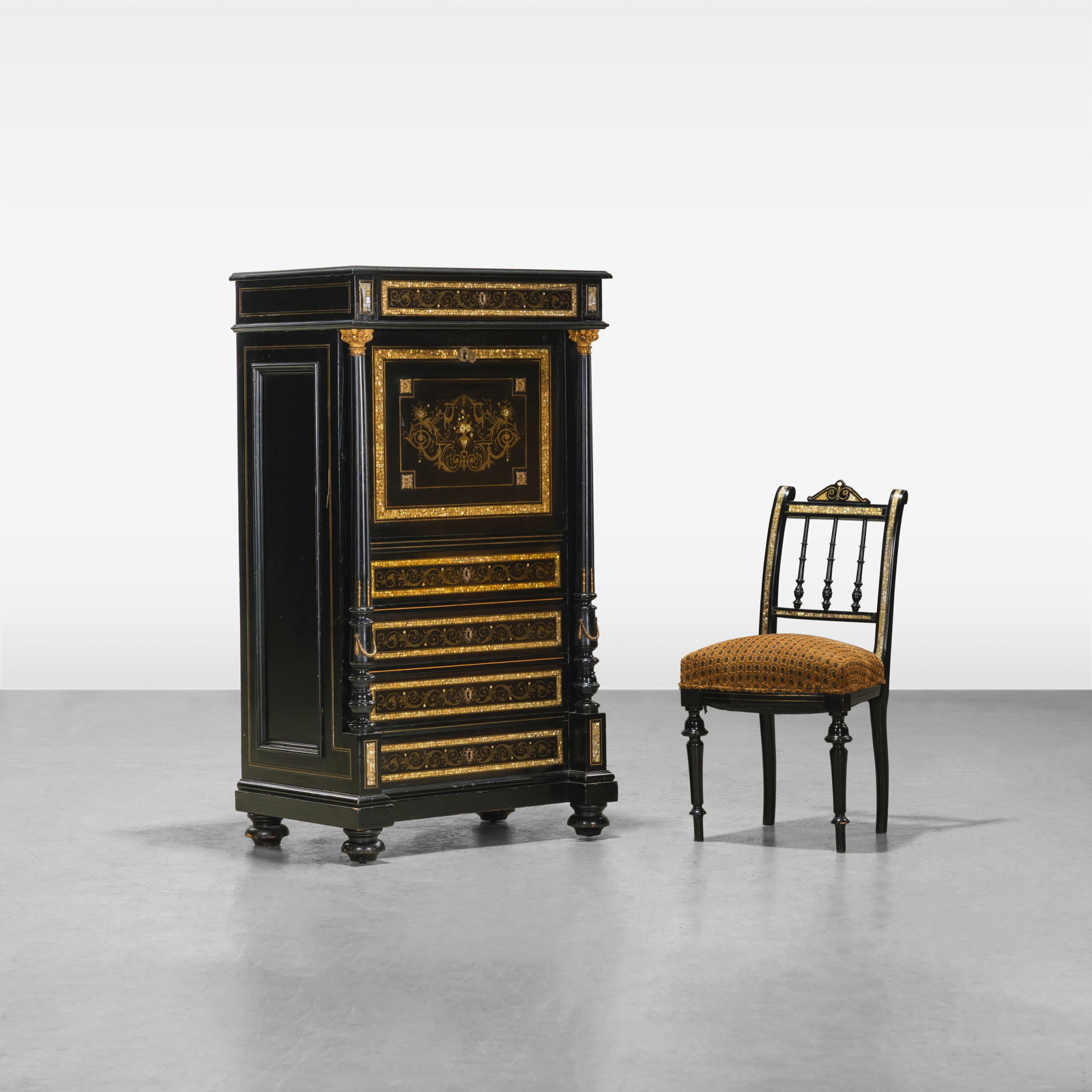 Mother of Pearl Inlaid Secretary and Chair: A Napoleon III brass and mother of pearl inlaid and bronze mounted secretary desk with matching chair. Chair - 33.5 x 13.5 x 17 All measurements are in inches. Height x Width x Depth