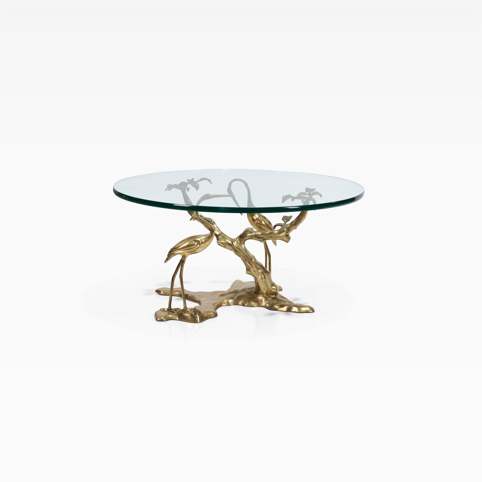 Willy Daro - Coffee Table: A bonzai and crane brass coffee table by Willy Daro. All measurements are in inches. Height x Width x Depth