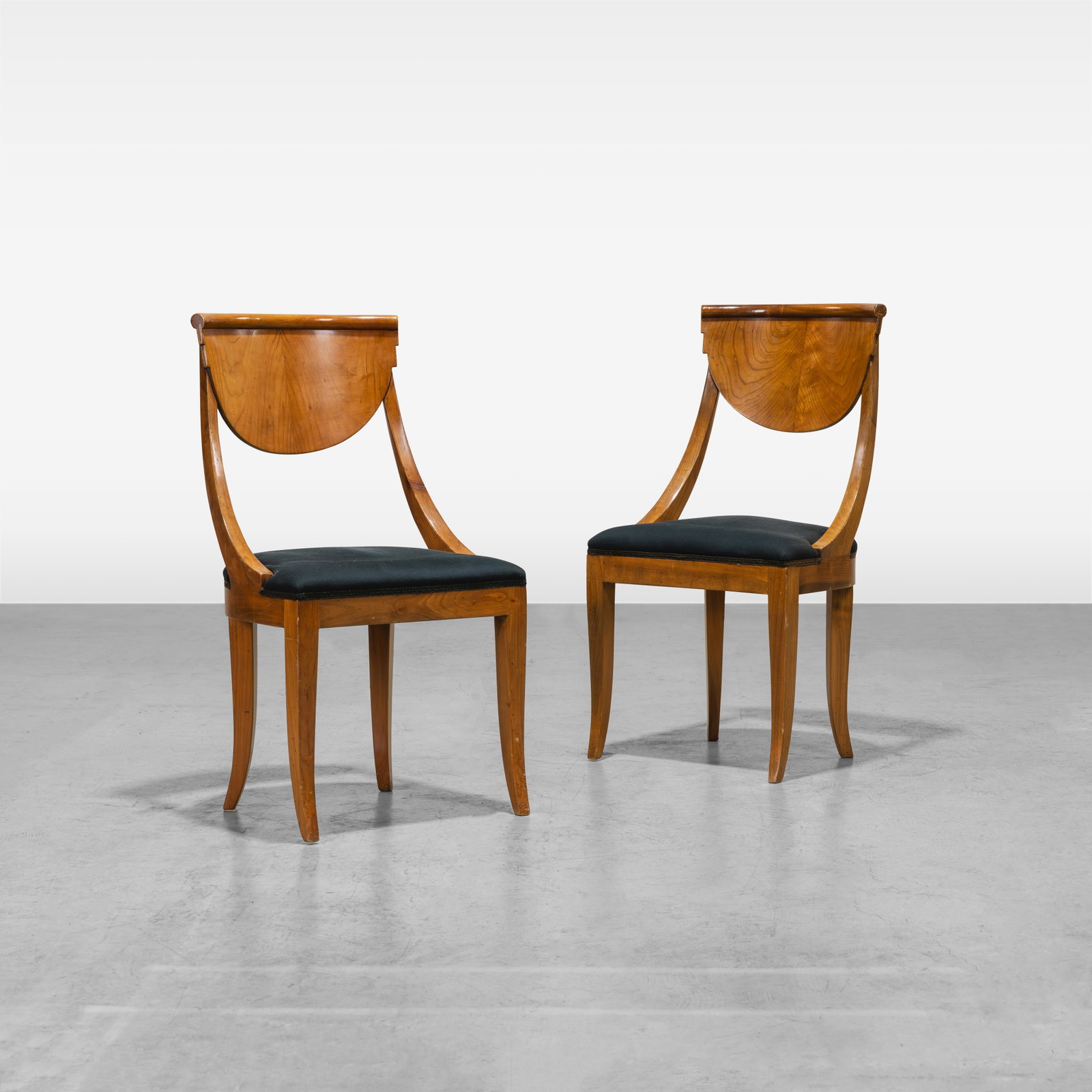 Italian Fruitwood Side Chairs: A pair of Italian fruitwood side chairs. All measurements are in inches. Height x Width x Depth