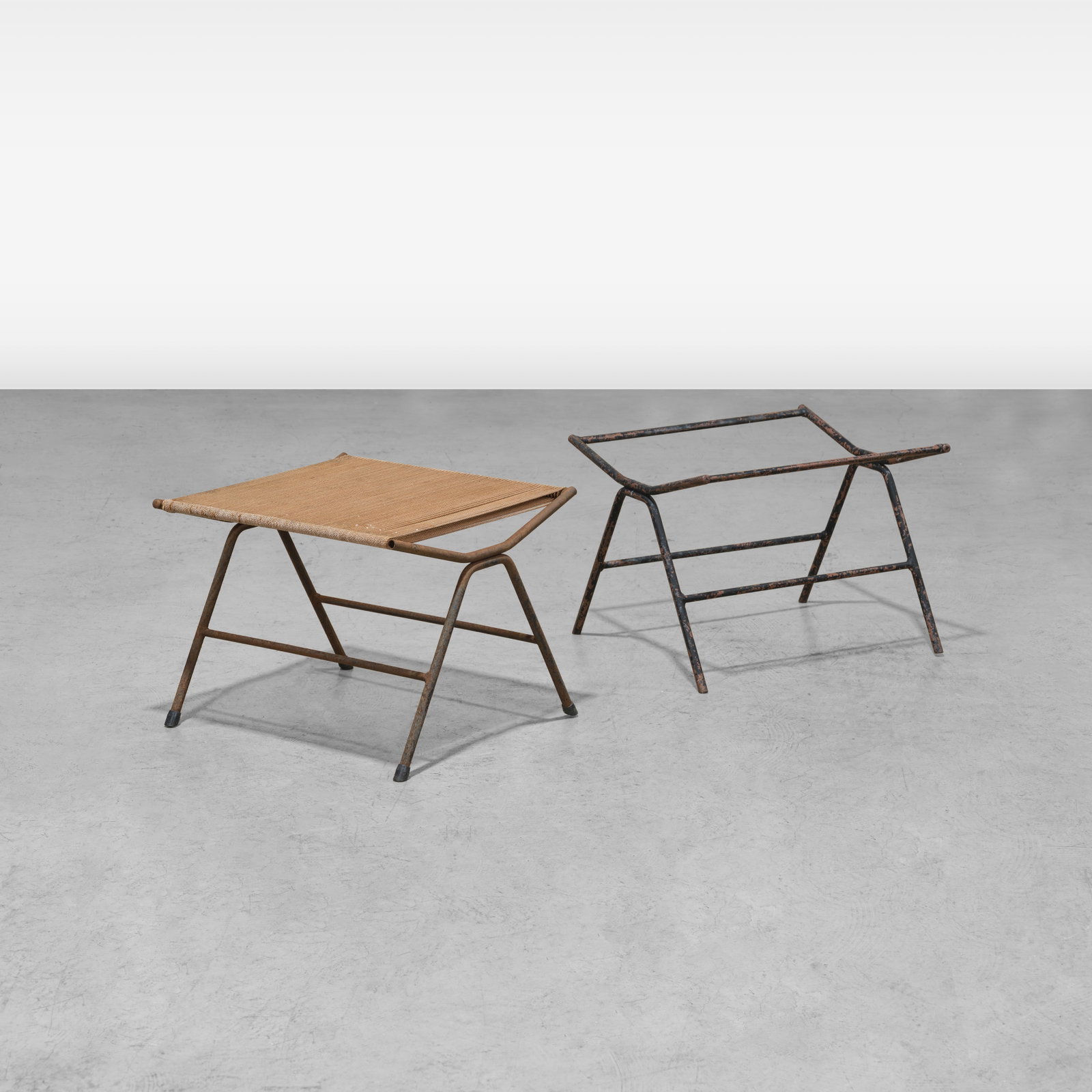 Allad Gould - Ottomans: A pair of 'String' ottomans by Allan Gould. All measurements are in inches. Height x Width x Depth