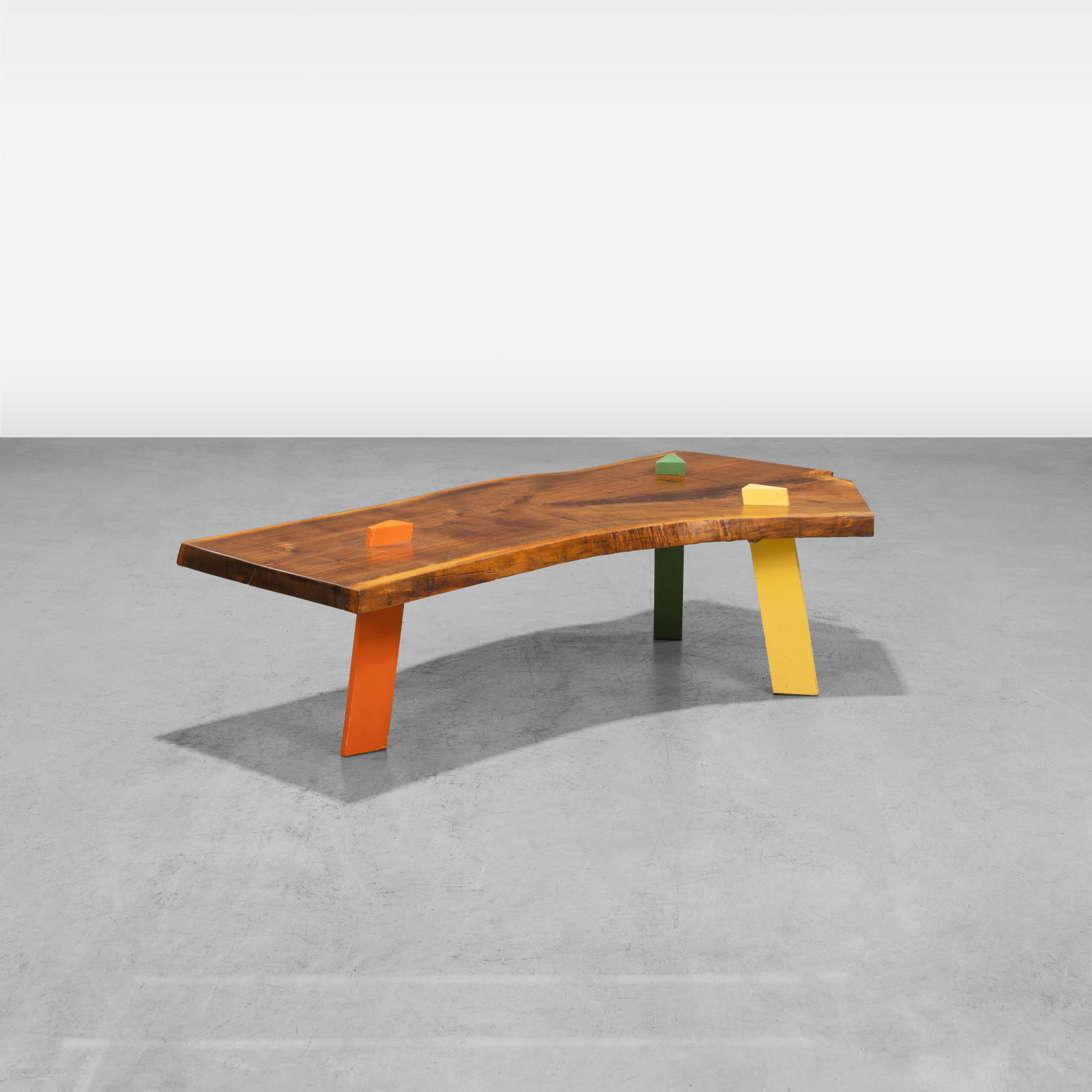 Slab Coffee Table: A live edge slab coffee table with painted legs. Signed and dated underneath. All measurements are in inches. Height x Width x Depth