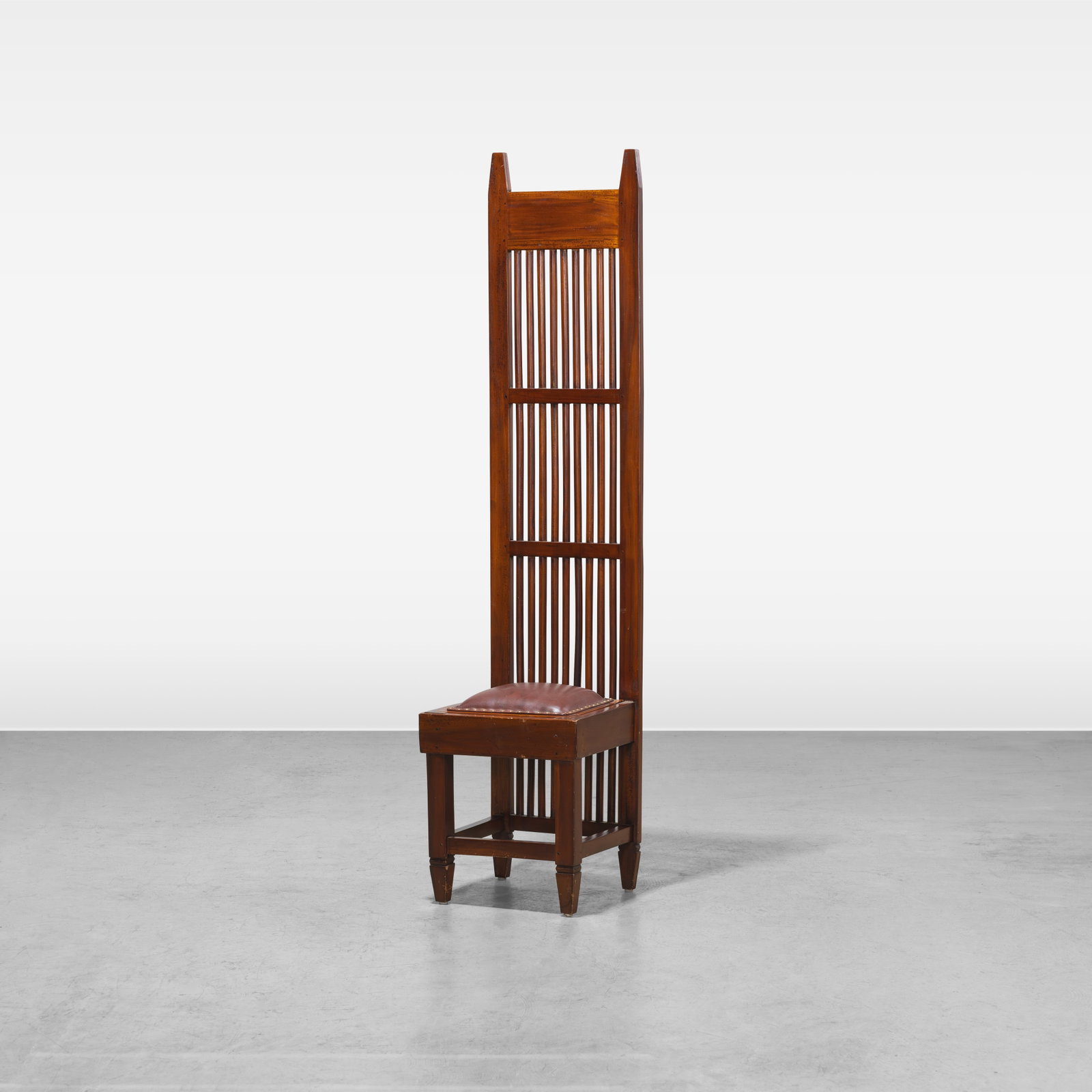 Mission Style High Back Chair: A Mission style high back chair with riveted leather seat. All measurements are in inches. Height x Width x Depth