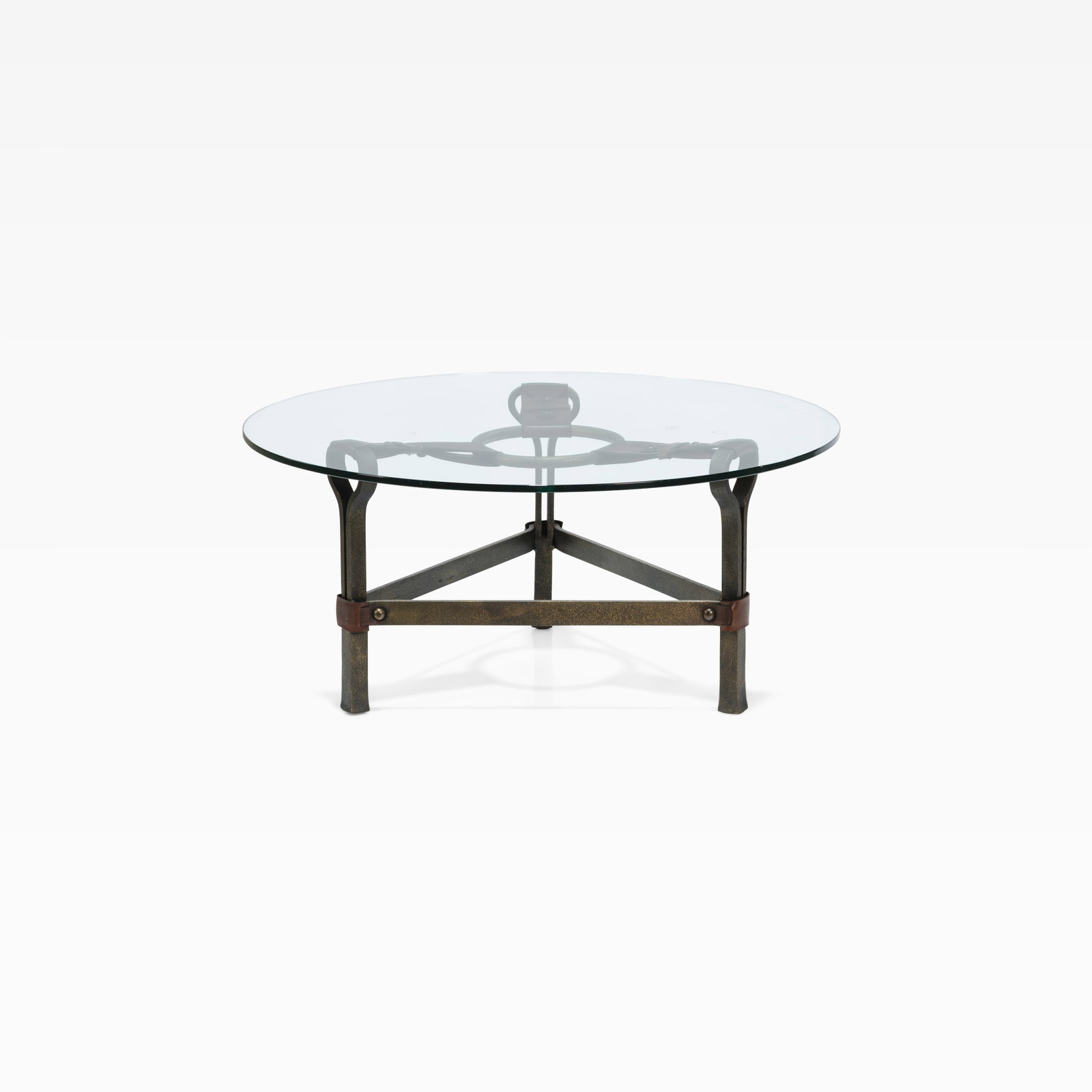 Jean-Pierre Ryckaert - Coffee Table: A steel and leather coffee table by Jean-Pierre Ryckaert. All measurements are in inches. Height x Width x Depth
