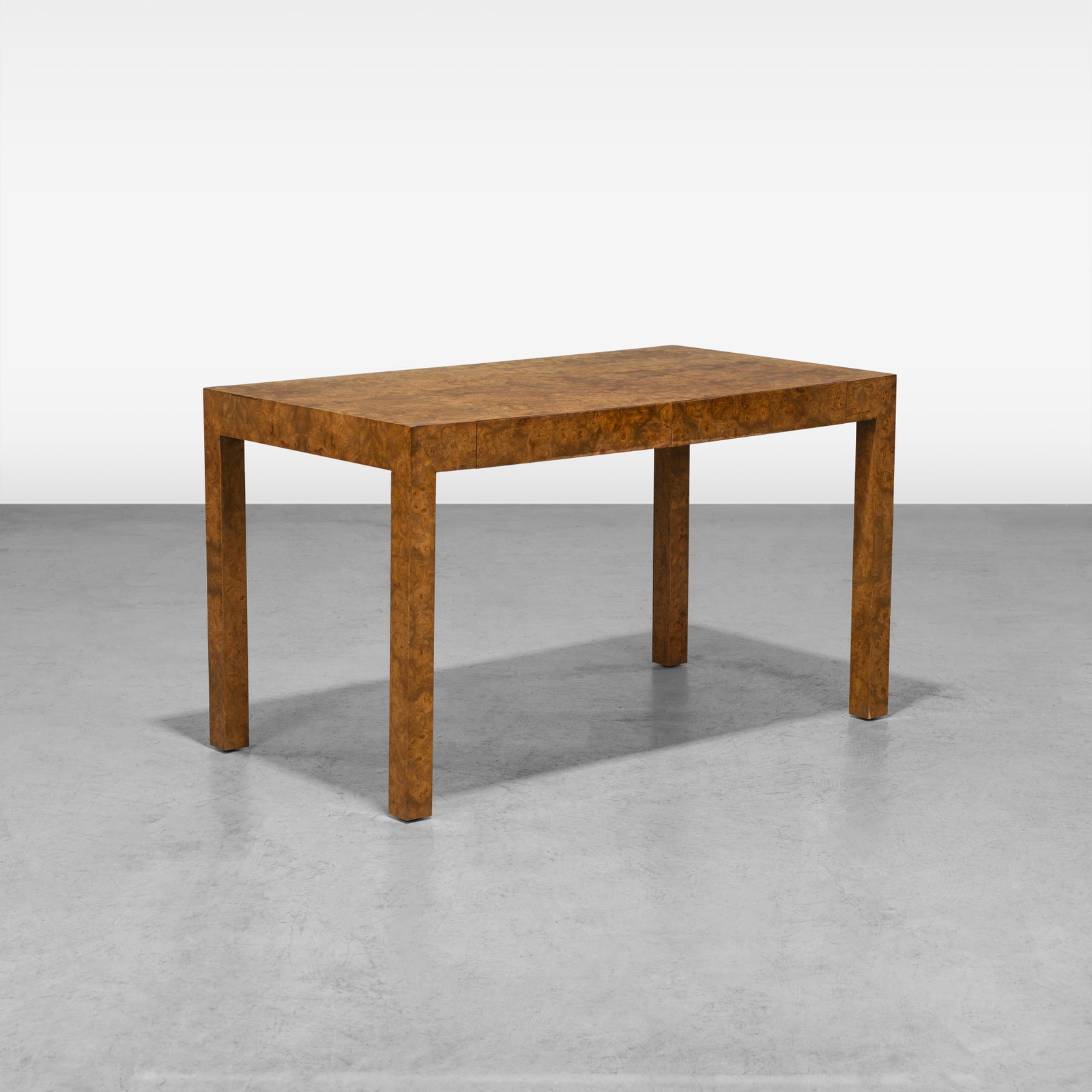 Italian Burl Desk: An Italian burl Parsons style desk with two drawers. All measurements are in inches. Height x Width x Depth