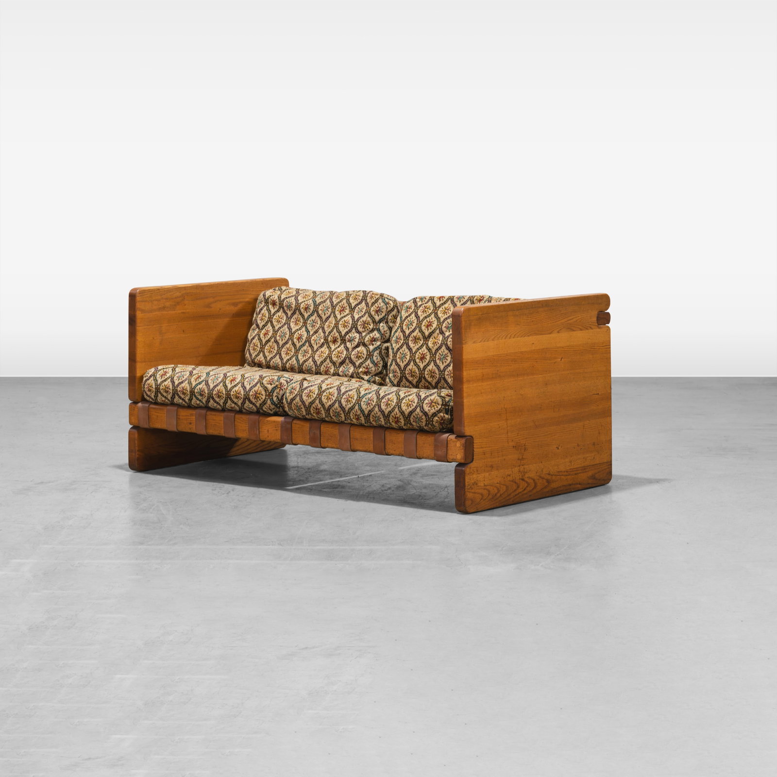 Oak & Leather Strap Loveseat: An oak and leather strap loveseat. All measurements are in inches. Height x Width x Depth