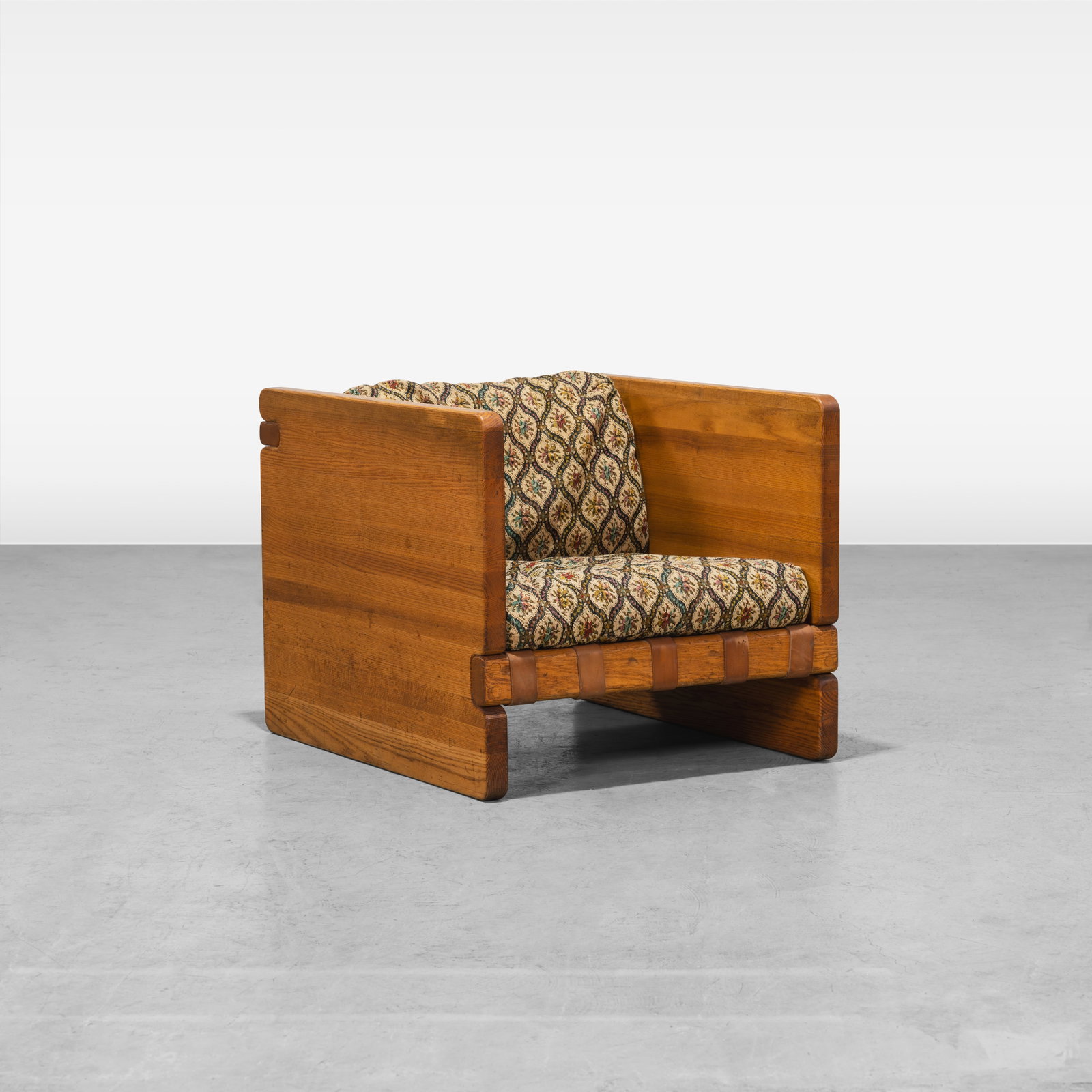 Oak & Leather Strap Club Chair: An oak and leather strap club chair. All measurements are in inches. Height x Width x Depth