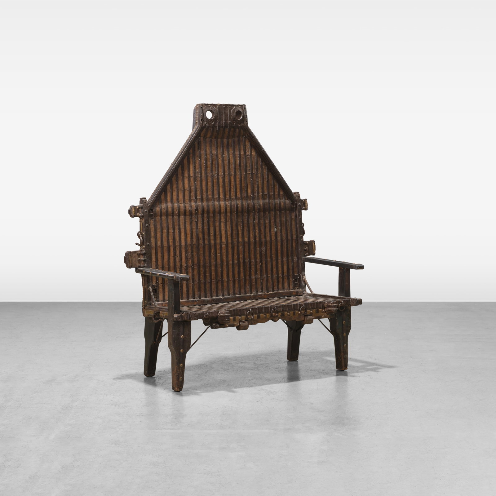 Ox Cart Bench: An Indian ox cart bench. All measurements are in inches. Height x Width x Depth