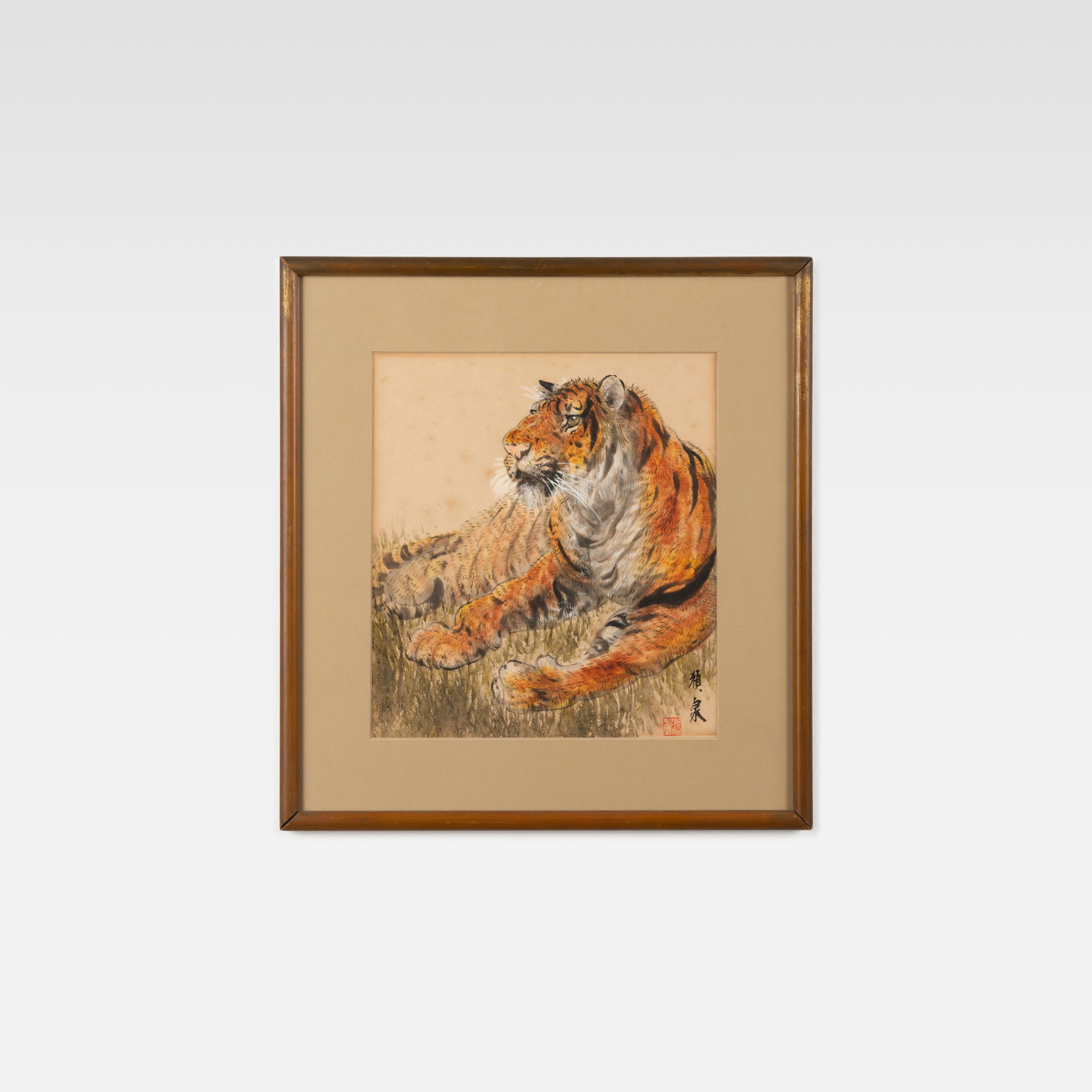 Japanese Watercolor of a Tiger: A vintage ink and watercolor painting of a tiger. Dimensions listed are for frame. Sight - 10.5 x 8. All measurements are in inches. Height x Width x Depth