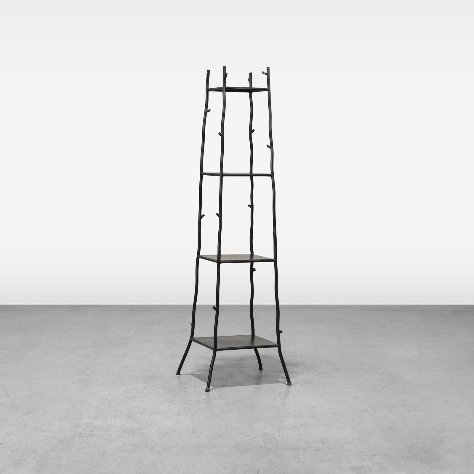 Iron Faux Bois Etagere: A contemporary painted iron faux bois etagere. All measurements are in inches. Height x Width x Depth