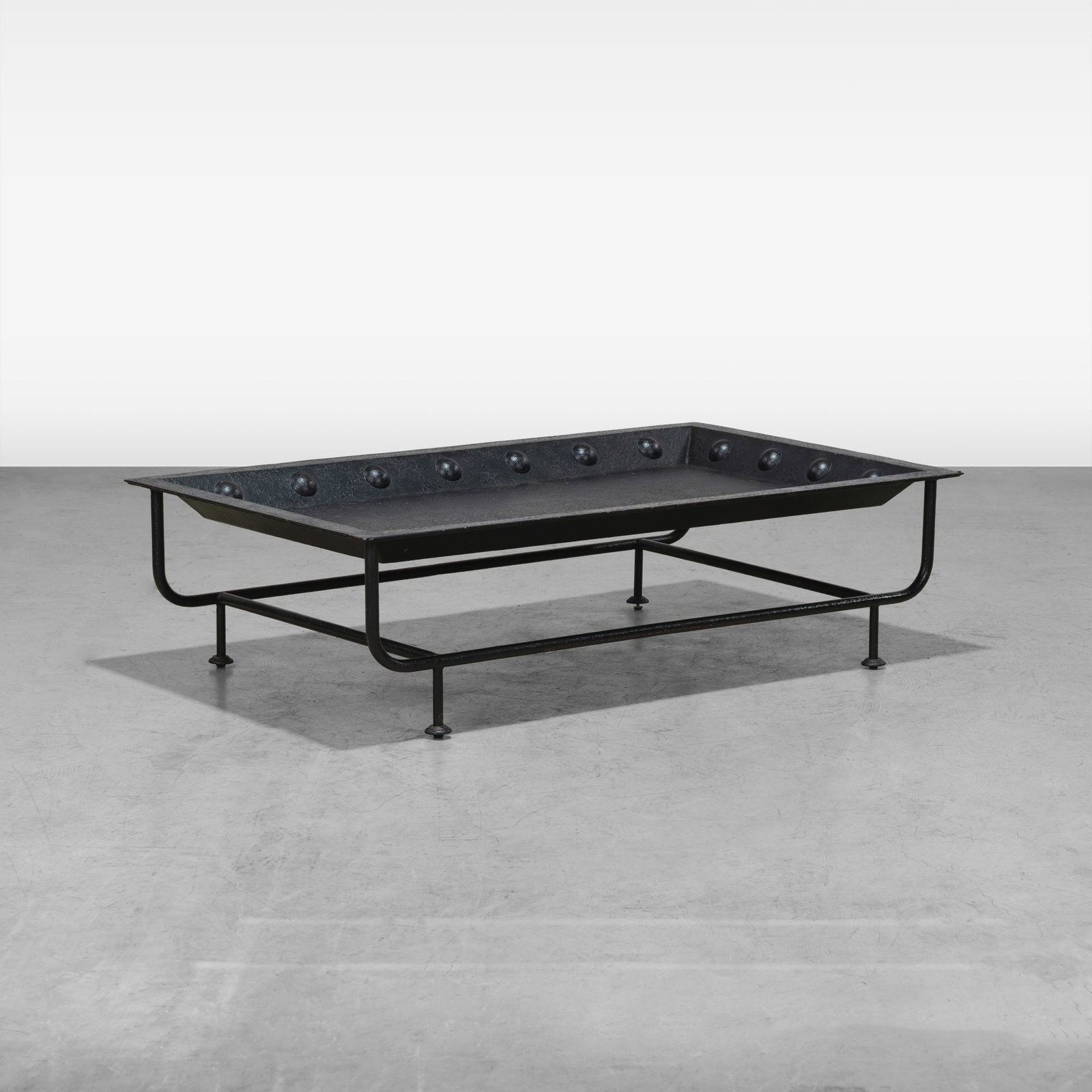 Hammered Metal Coffee Table: A hammered metal tray coffee table on steel base. All measurements are in inches. Height x Width x Depth