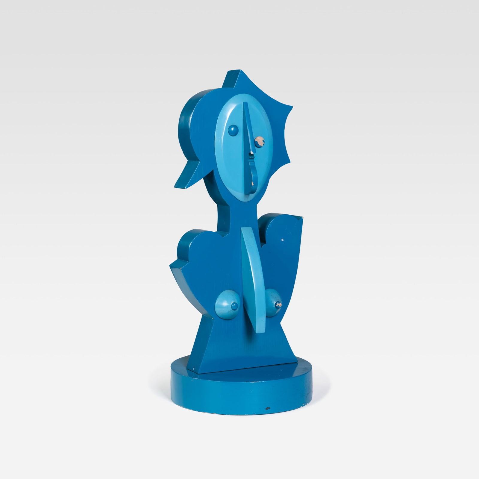 Abstract Figural Sculpture: A two-sided abstract figural bust constructed of painted wood. Signed, dated, and titled on bottom. Jene Leoncavallo, 'Blue Lady', 1991. All measurements are in inches. Height x Width x Depth