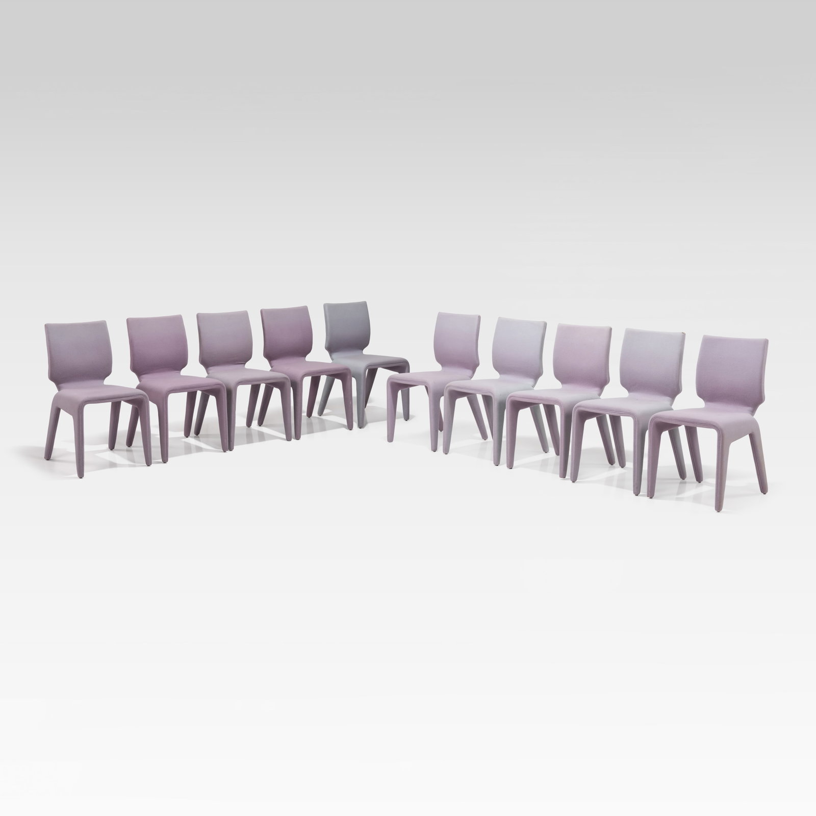 Italian Dining Chairs: A set of ten upholstered Italian dining chairs. All measurements are in inches. Height x Width x Depth